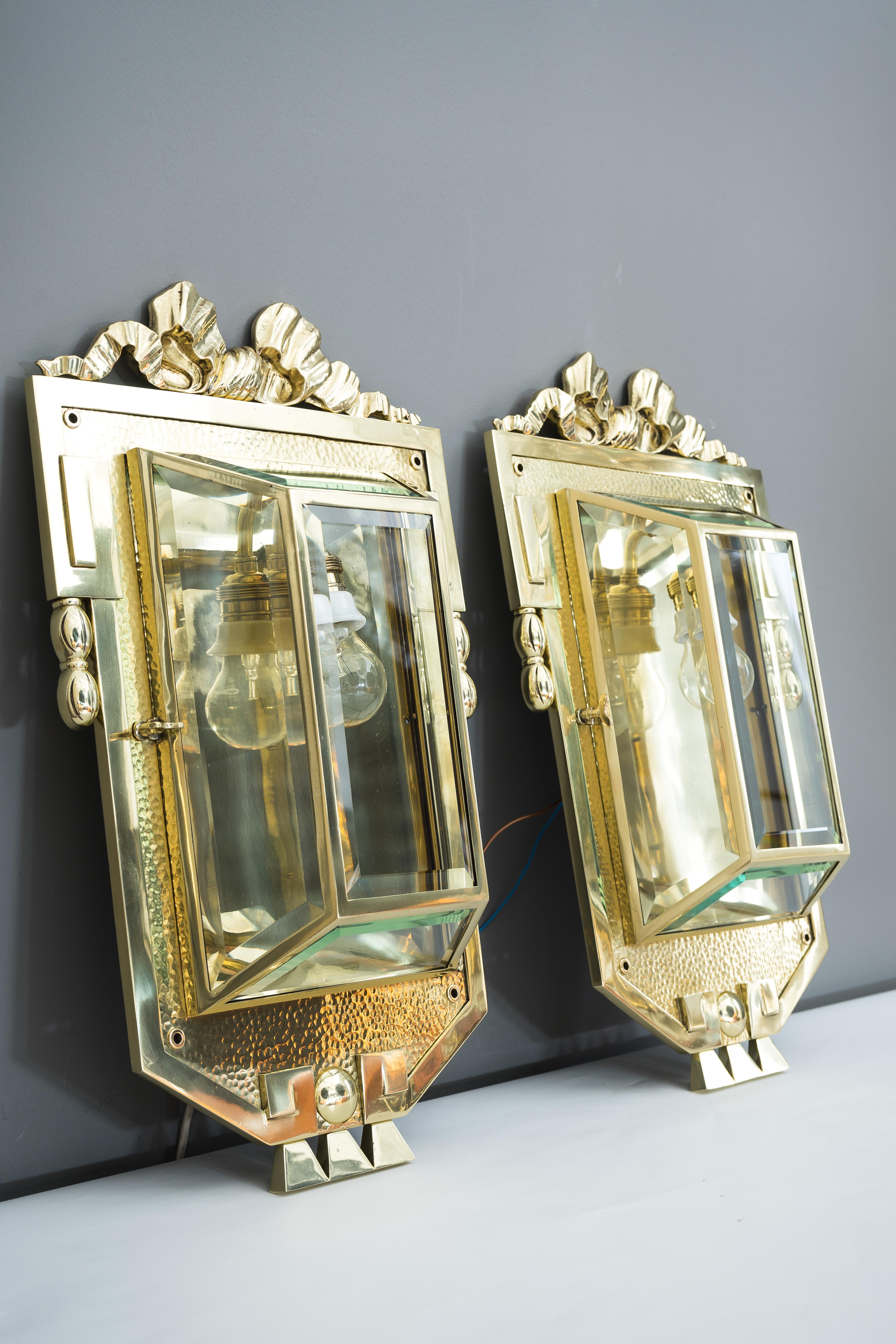 Austrian Two Big Jugendstil Wall Lamps with Cut Glass, Vienna, circa 1910s