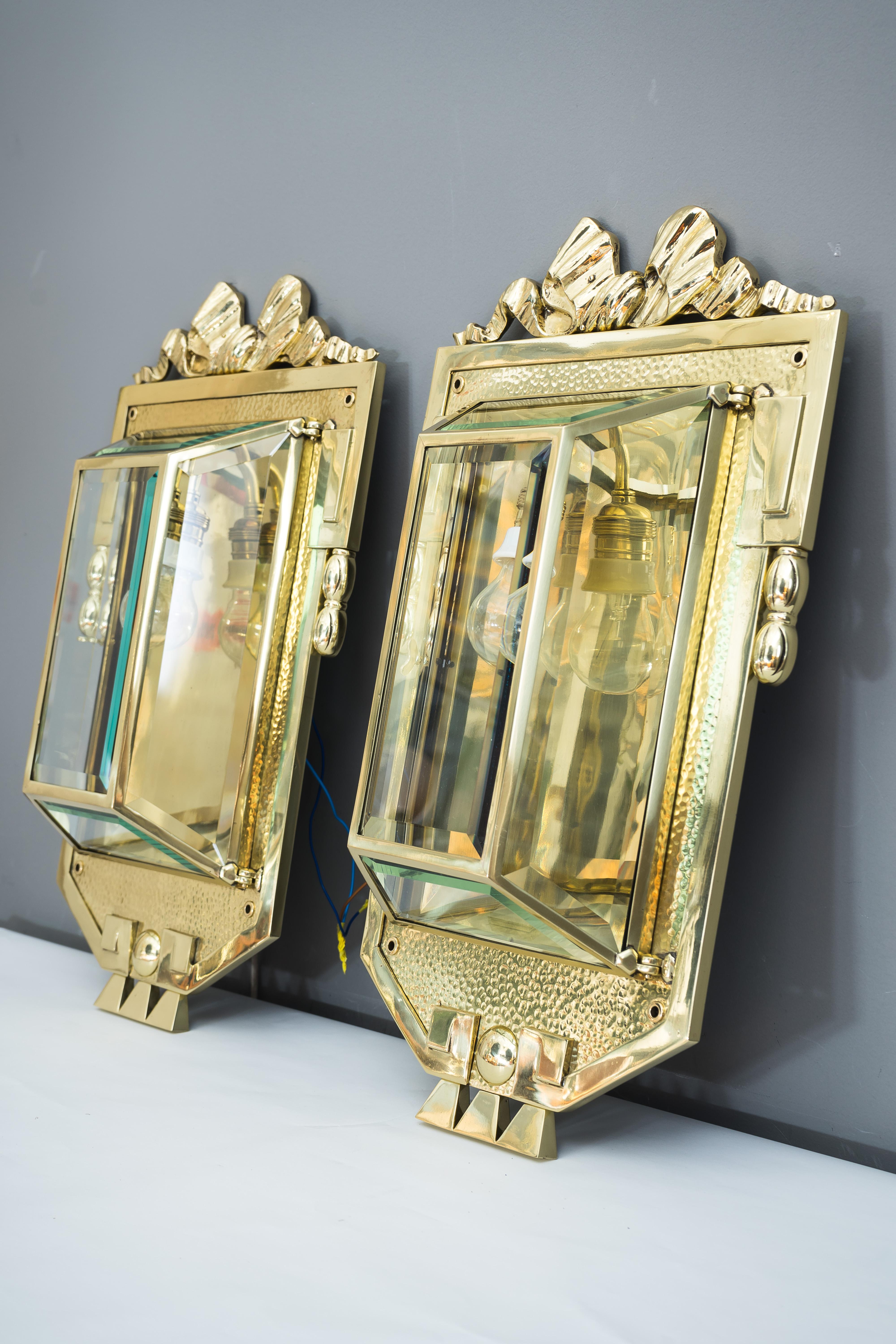 Lacquered Two Big Jugendstil Wall Lamps with Cut Glass, Vienna, circa 1910s