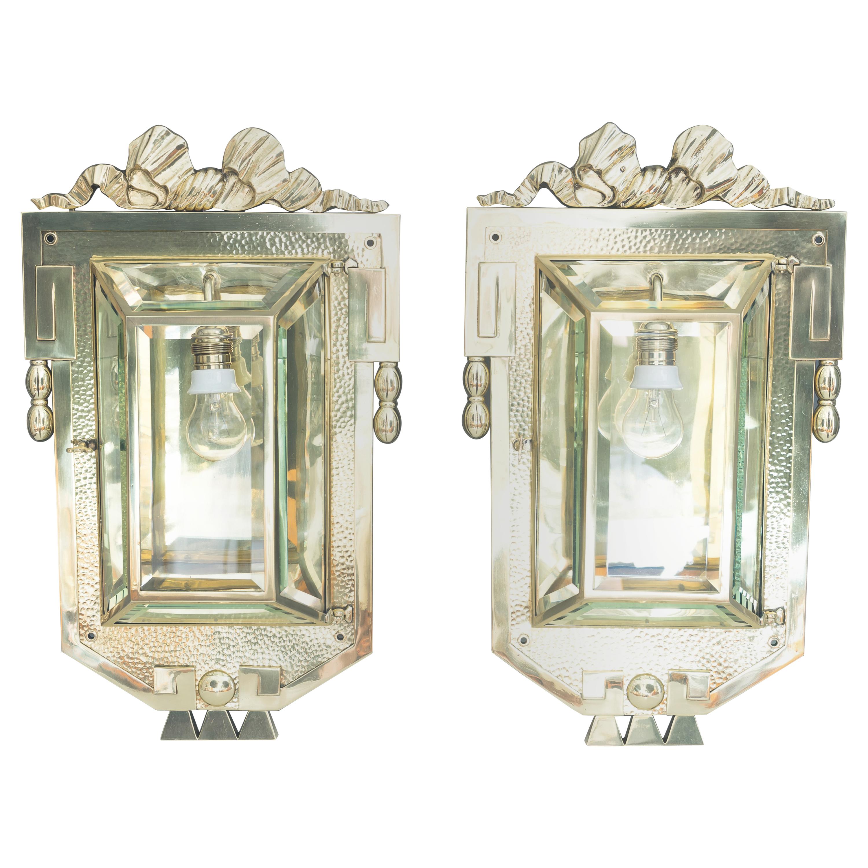 Two Big Jugendstil Wall Lamps with Cut Glass, Vienna, circa 1910s