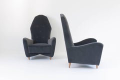 Two Big Vintage Italian Armchairs Upholstery Dark Grey High Back, circa 1950