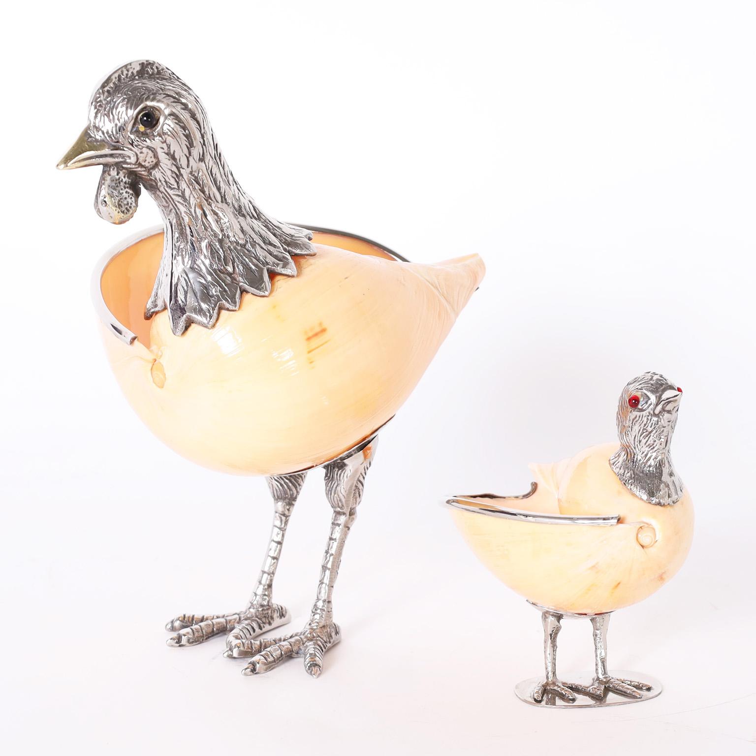 Two delightful sculptural bowls, a chicken and a chick crafted in shells and silver plated metal in the style of Binazzi. 

Large: H: 8.5 W: 8 D: 5 $1,150

Small: H: 4.5 W: 4.5 D: 3 $550 (SOLD)