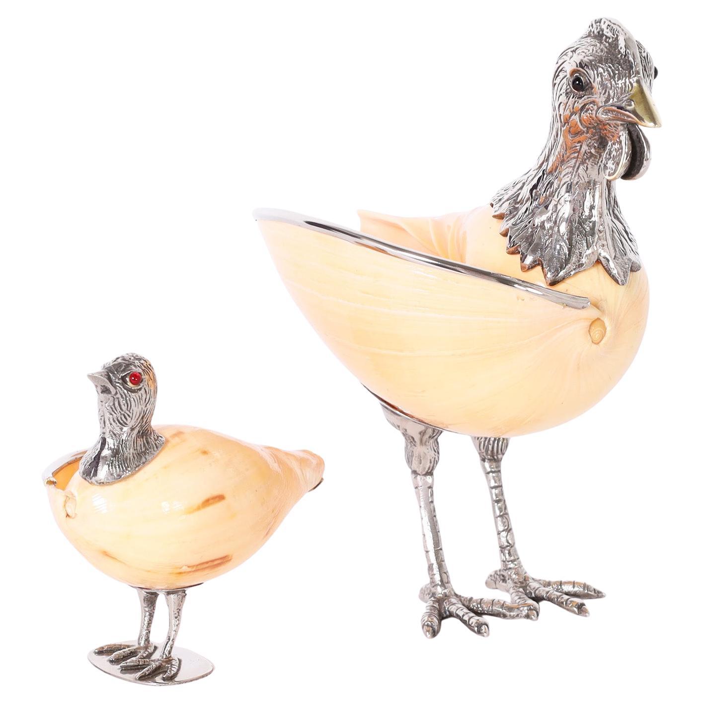 Two Binazzi Style Shell and Silver Plate Bird Bowls, Priced Individually