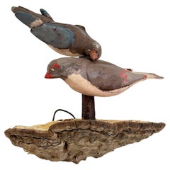 Antique Two Bird Scene Vichtauer Carved Wood Bird Black Forest Folk Art, Austria, 1910s