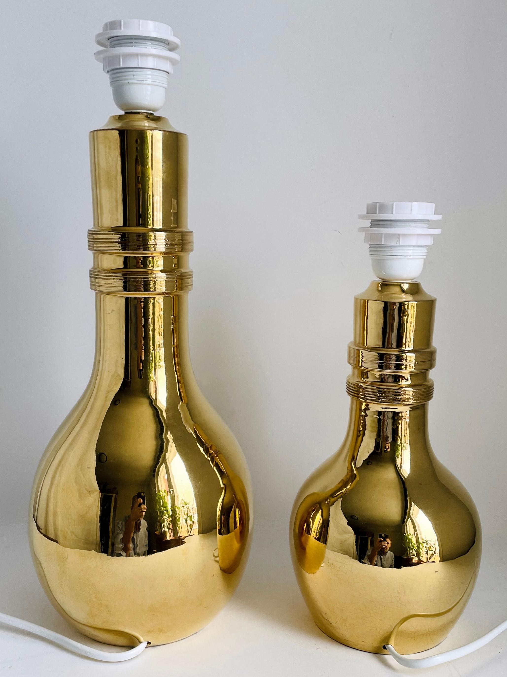 Mid-Century Modern Two Bitossi Table Lamps by Aldo Londi, Gold Glazed Ceramic, Italy, 1970s For Sale