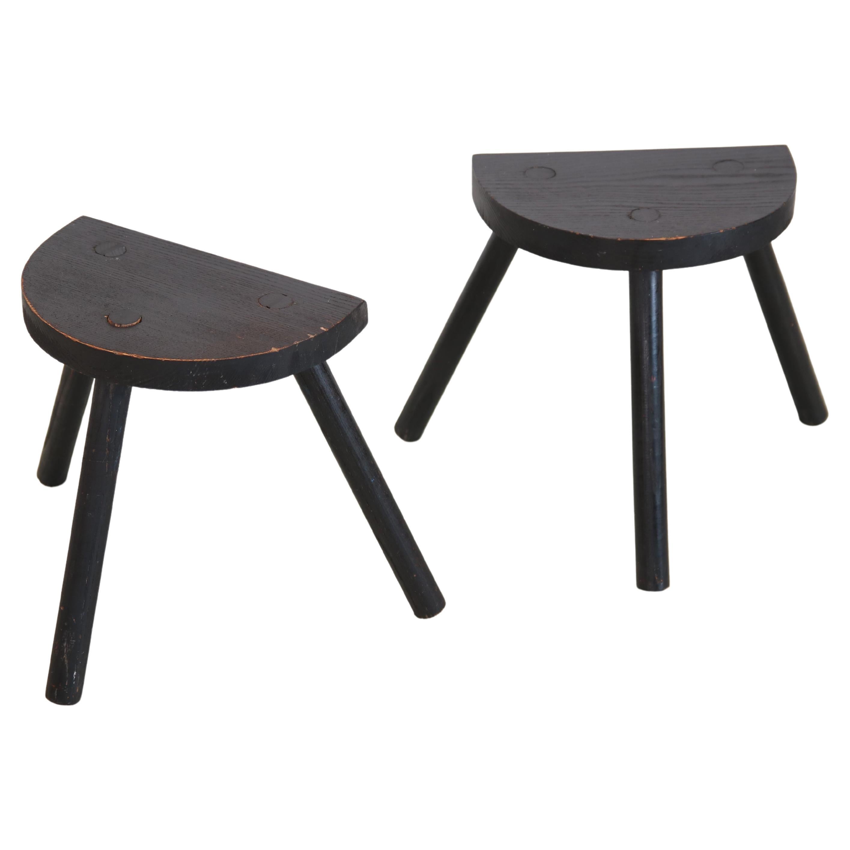 Two black French Brutalist tripod stool Rustic milking stools, 1940's For Sale