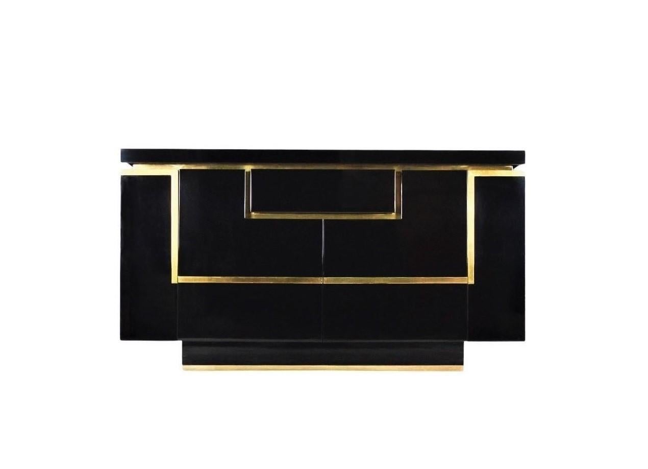 Mid-Century Modern Two Black Lacquered Commodes with Brass Trim by Jean Claude Mahey For Sale