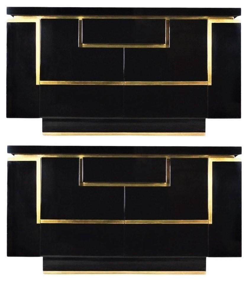 Two Black Lacquered Commodes with Brass Trim by Jean Claude Mahey For Sale