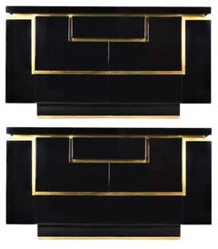 Two Black Lacquered Commodes with Brass Trim by Jean Claude Mahey