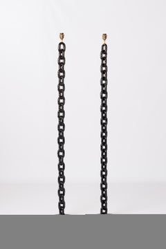 Two Black Lacquered Welded Marine Chain Floor Lamps - France 1970's