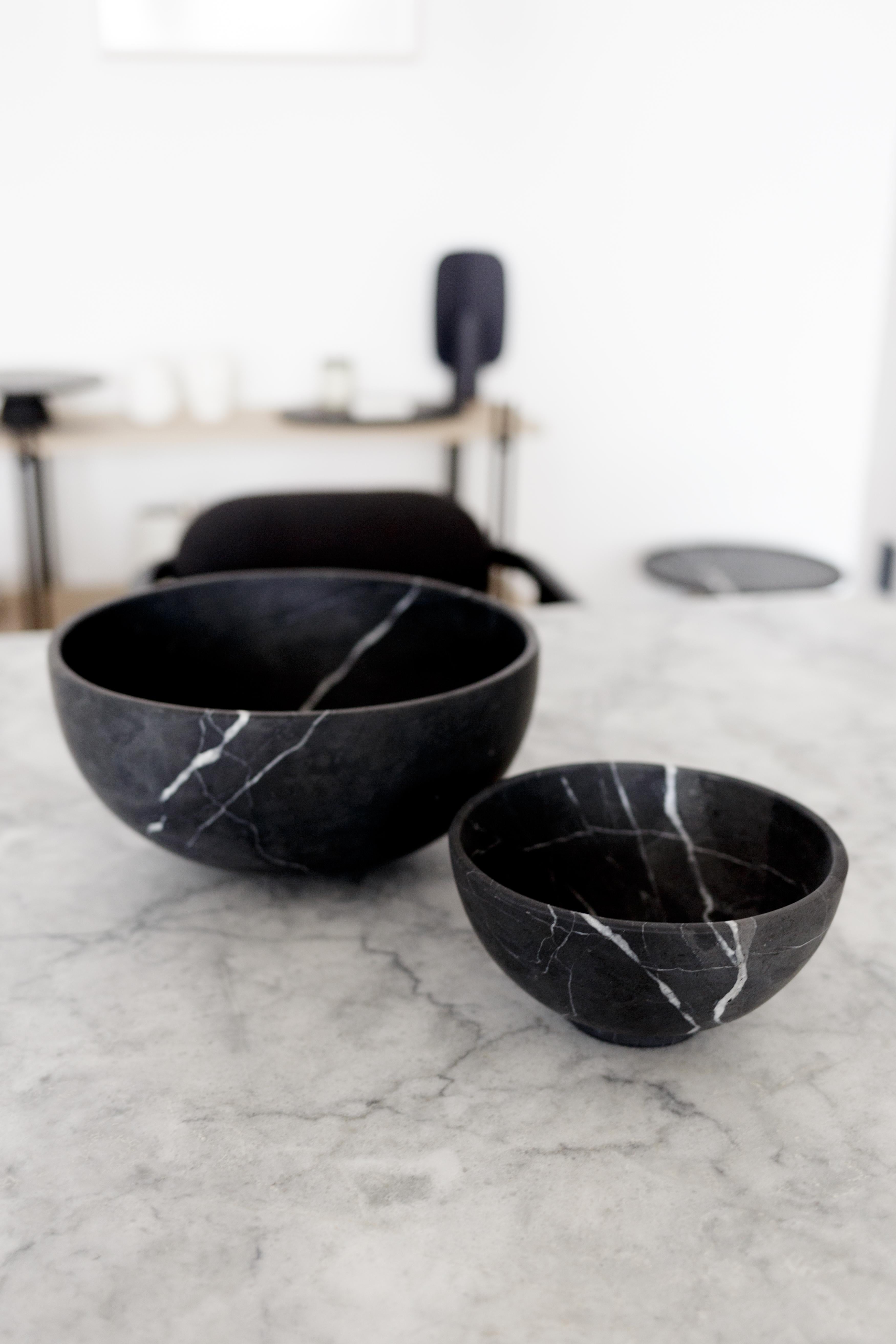 Modern Two Black Marble Carved Bowls Set For Sale