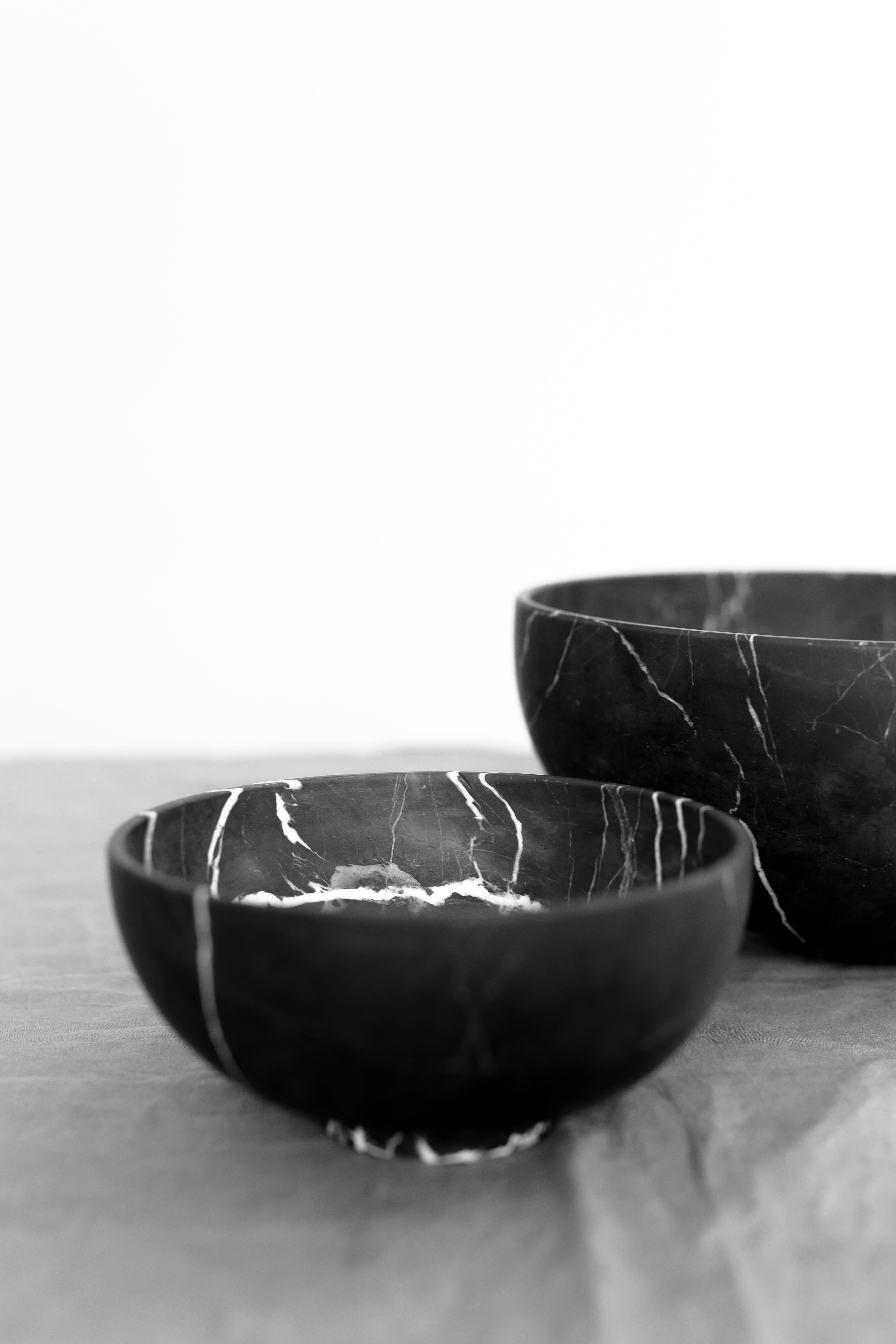 Hand-Crafted Two Black Marble Carved Bowls Set For Sale