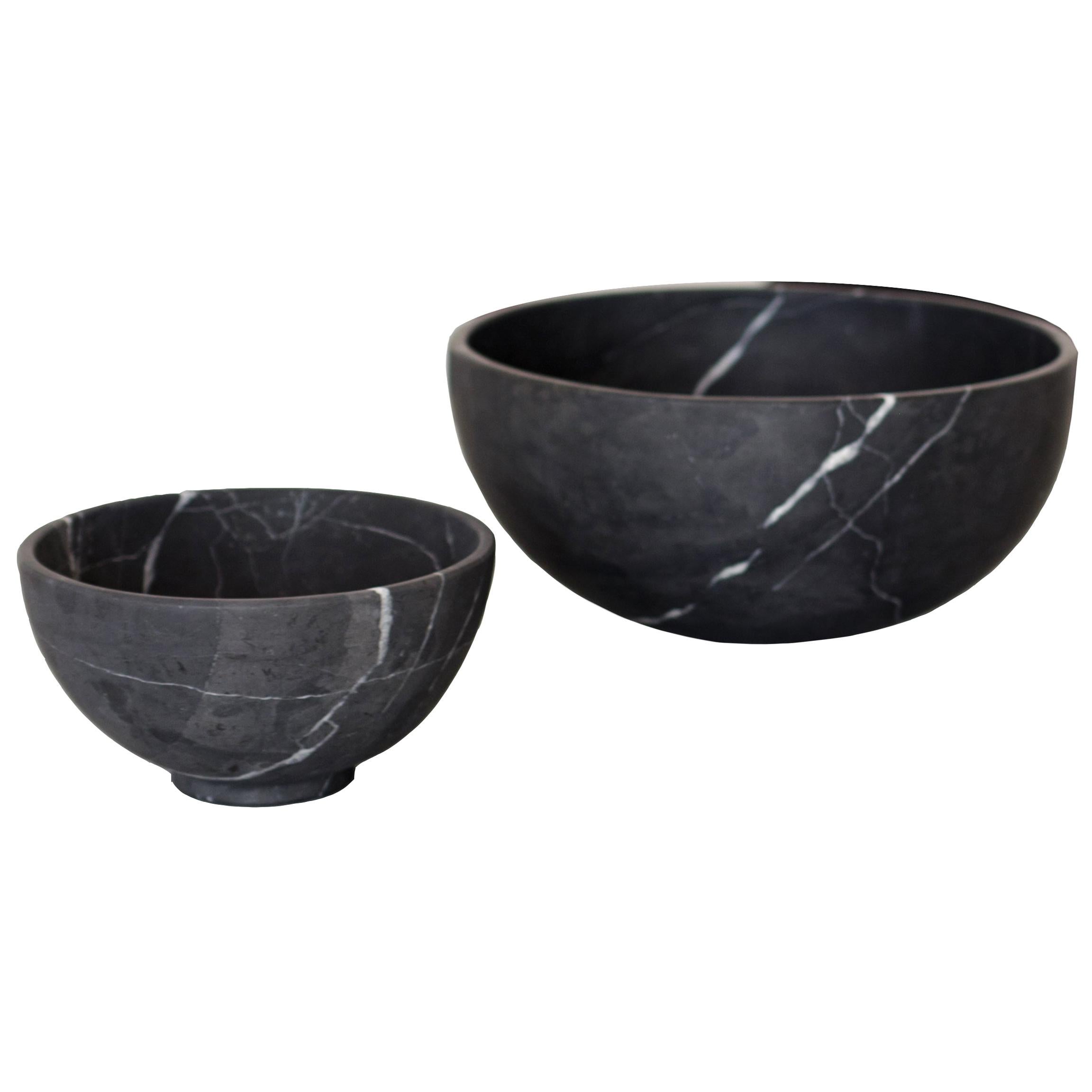 Two Black Marble Carved Bowls Set For Sale