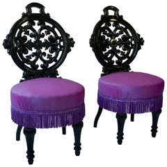 Two Black Mid-Victorian Rococo Revival Side Chairs with Upholstery