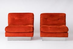Two Blood Orange Suede "Californian" Lounge Chairs by J. Charpentier - France