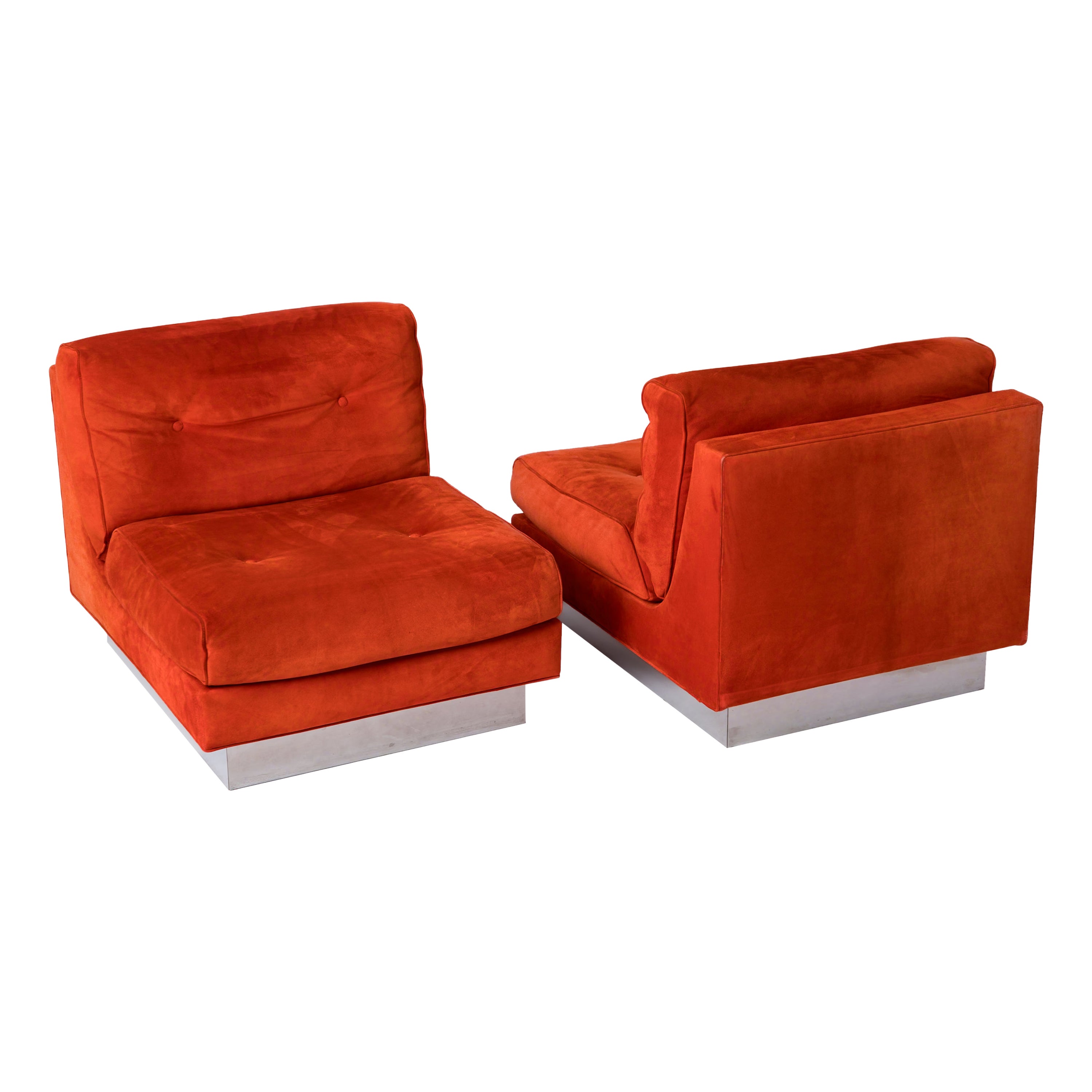 Deux chaises longues californiennes en daim orange sang-de-bœuf de J. Charpentier - France