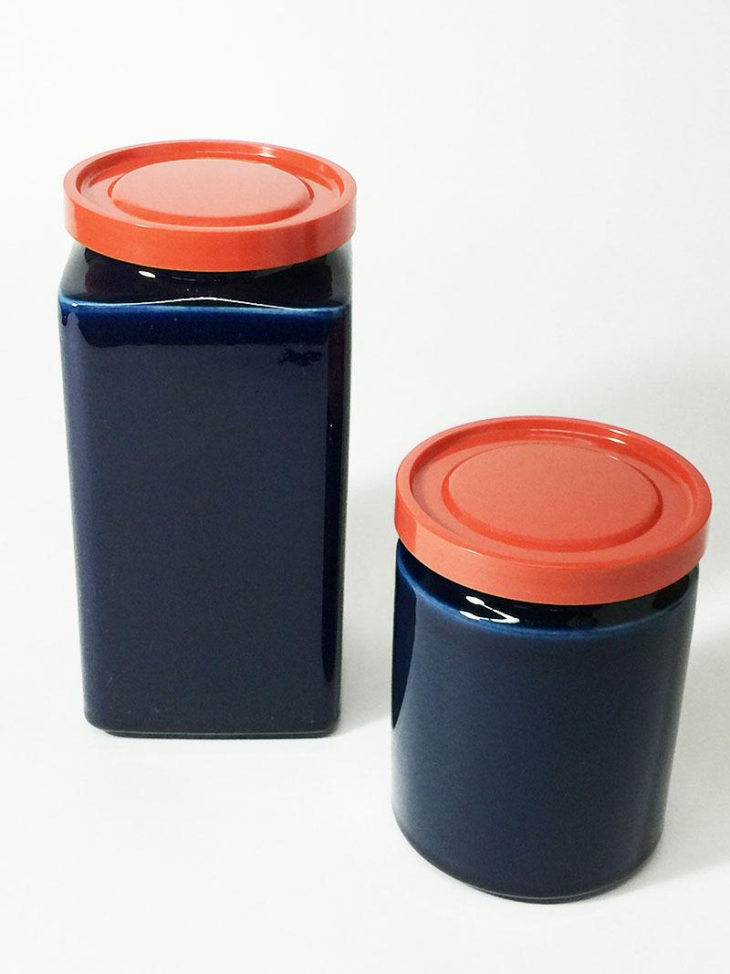 Two blue and red Arabia Finland stock jars, 1949-1954

The lidded jars are stackable, by placing the round on the square
The porcelain jars has a lid made of strong solid plastic
Marked on the bottom, used during 1949-1954

The measurements