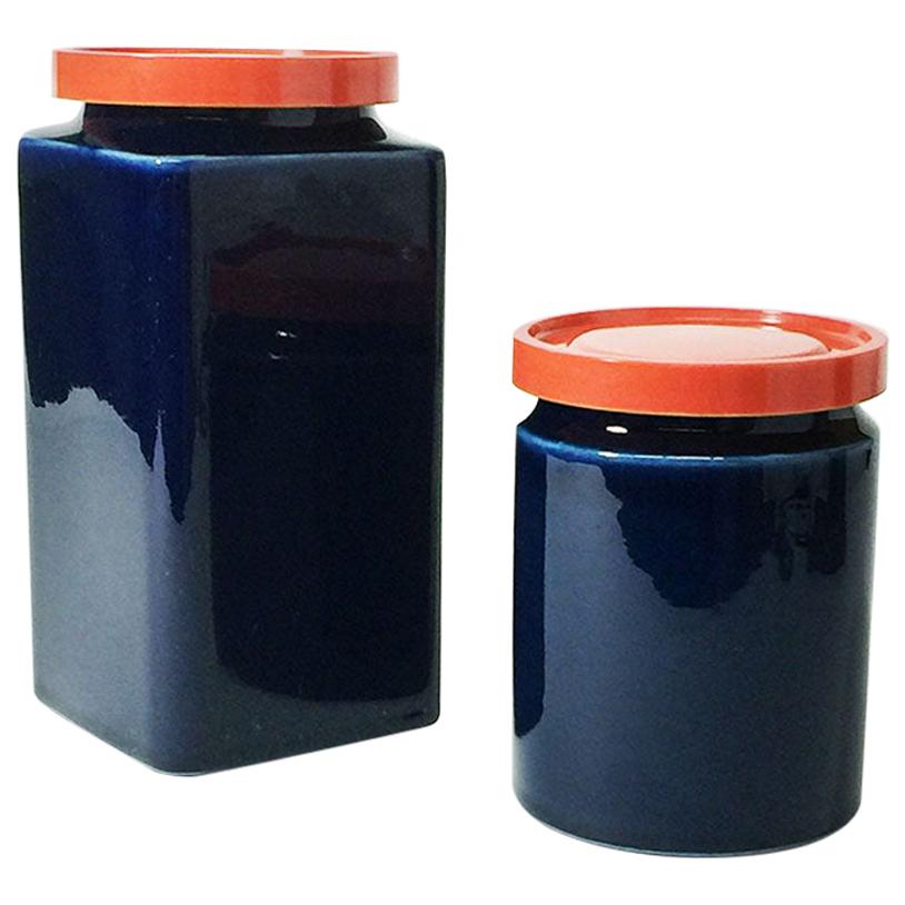Two Blue and Red Arabia Finland Stock Jars, 1949-1954