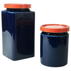 Vintage Two Blue and Red Arabia Finland Stock Jars, 1949-1954