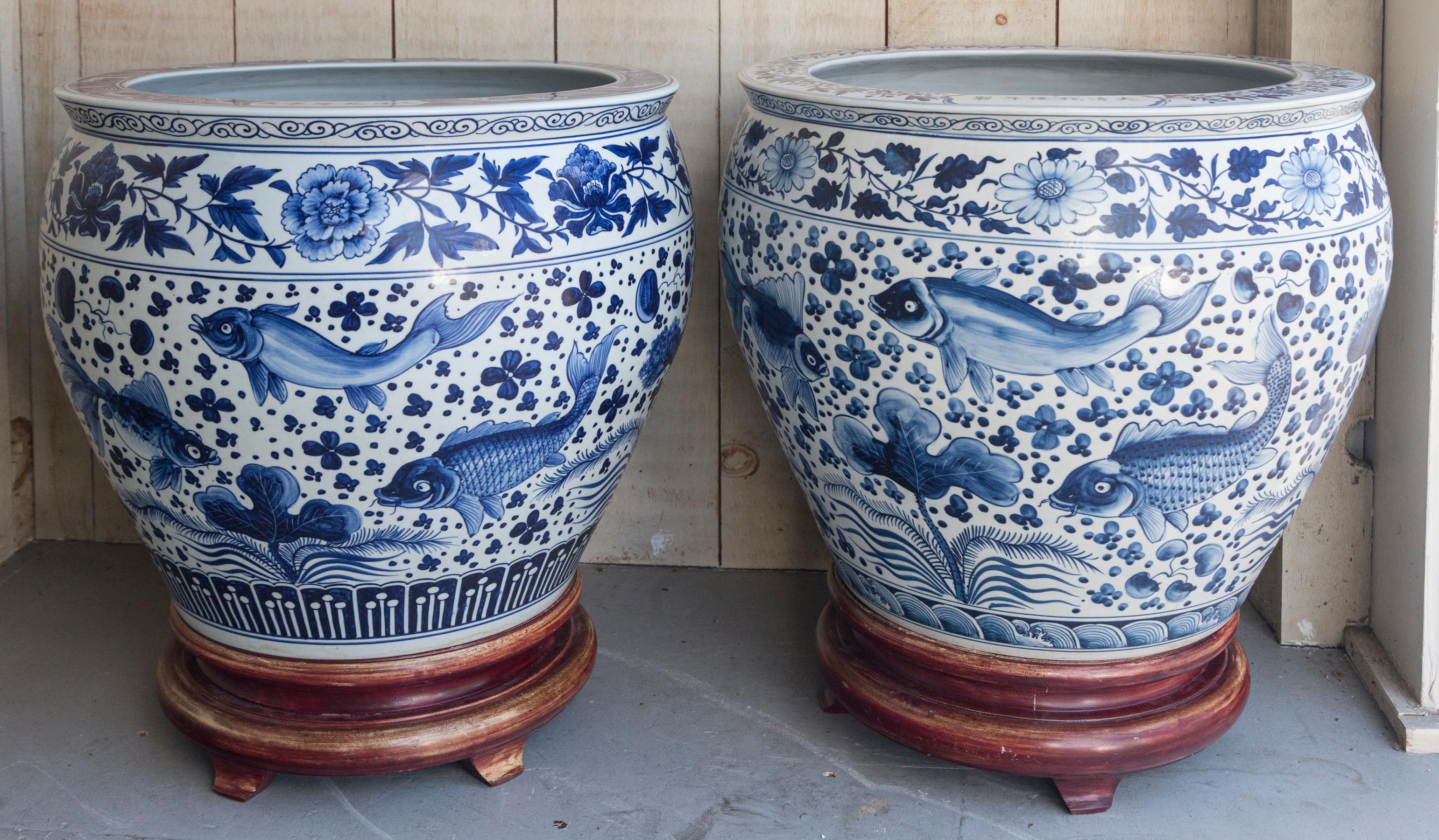 Two Blue and White Chinese Planters on Stands For Sale 1