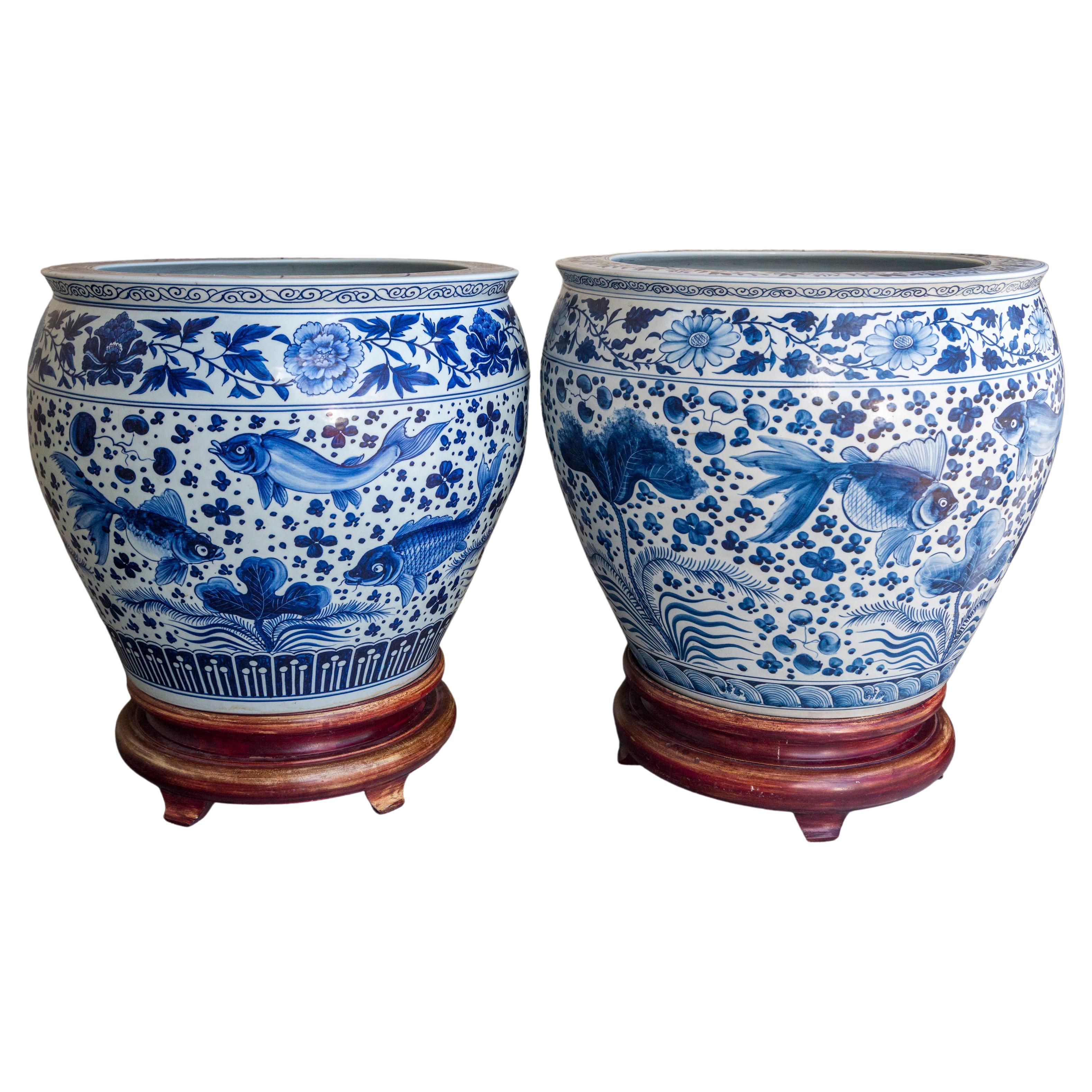 Two Blue and White Chinese Planters on Stands For Sale