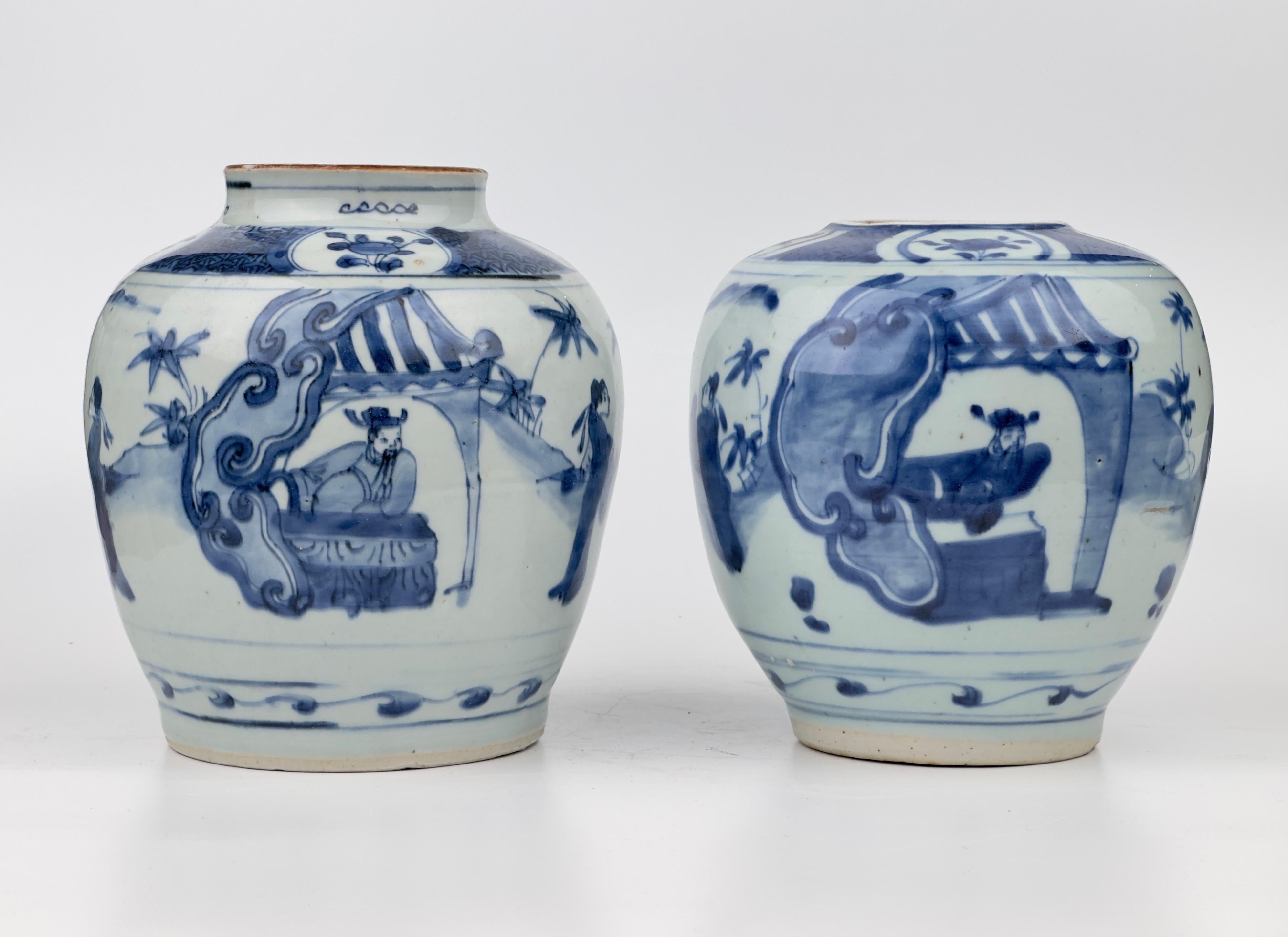 Two blue and white jars, officials in garden, Rabbit mark to base, Ming dynasty For Sale 11