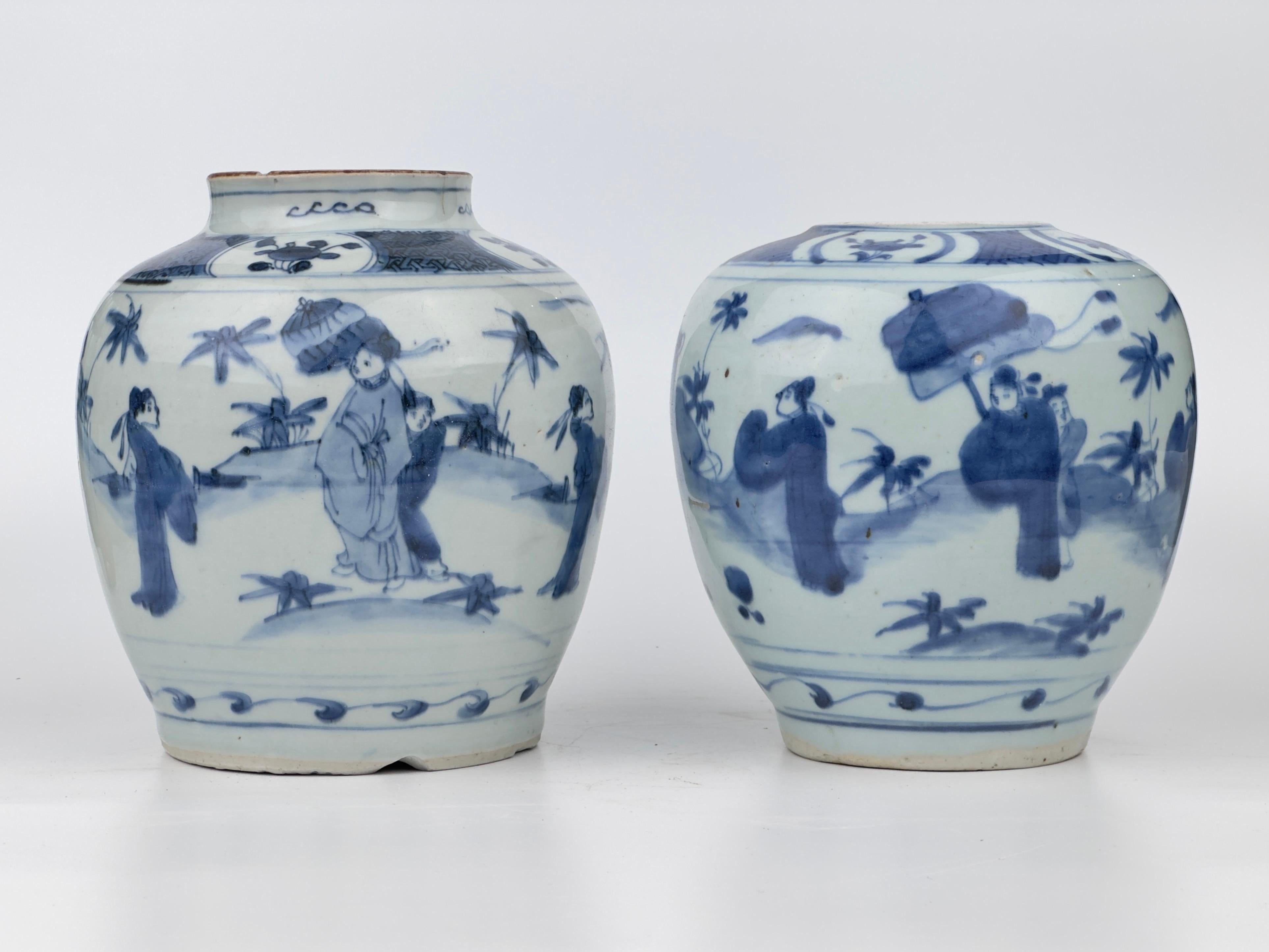 Two blue and white jars, officials in garden, Rabbit mark to base, Ming dynasty For Sale 12