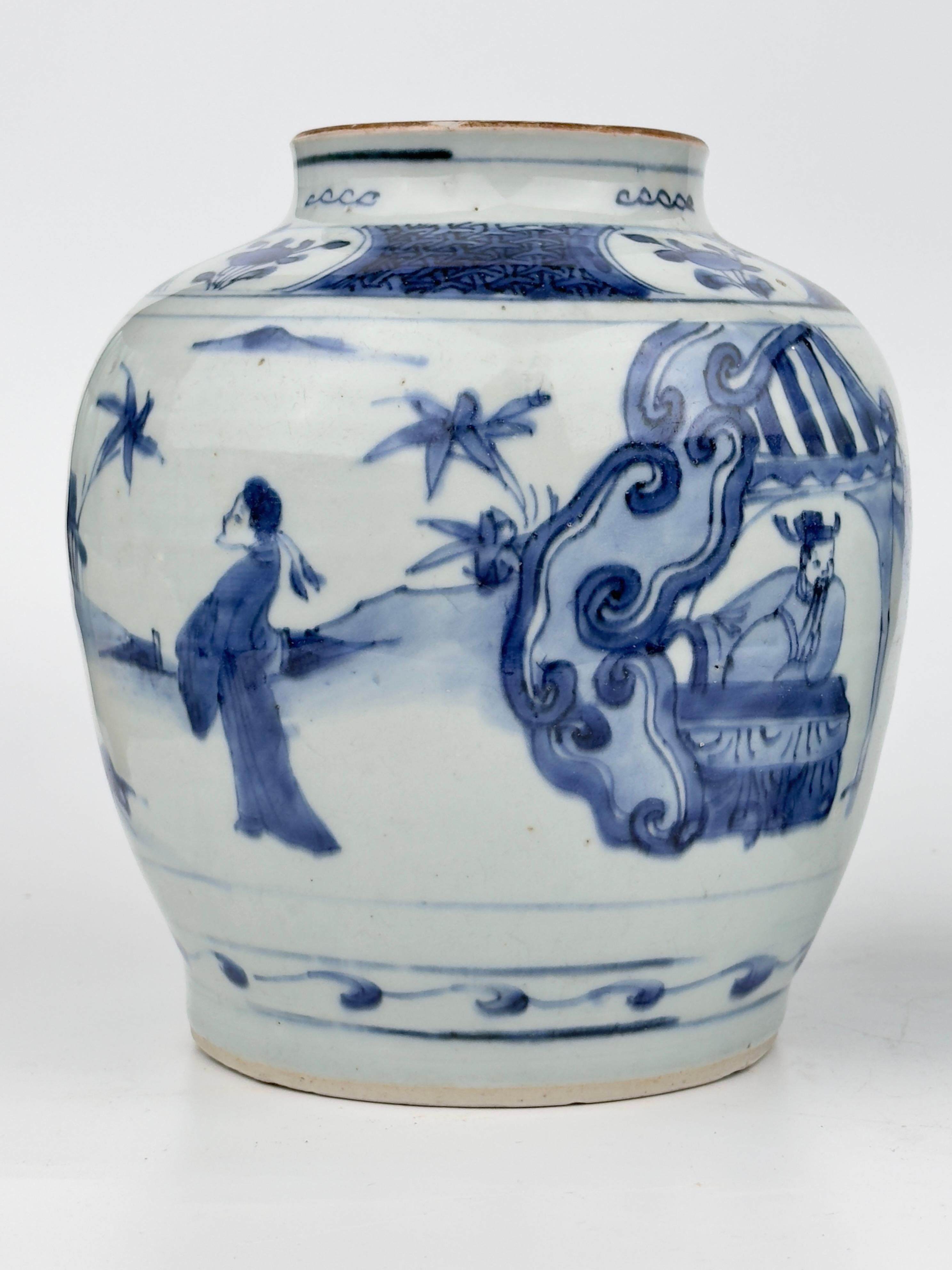 18th Century and Earlier Two blue and white jars, officials in garden, Rabbit mark to base, Ming dynasty For Sale