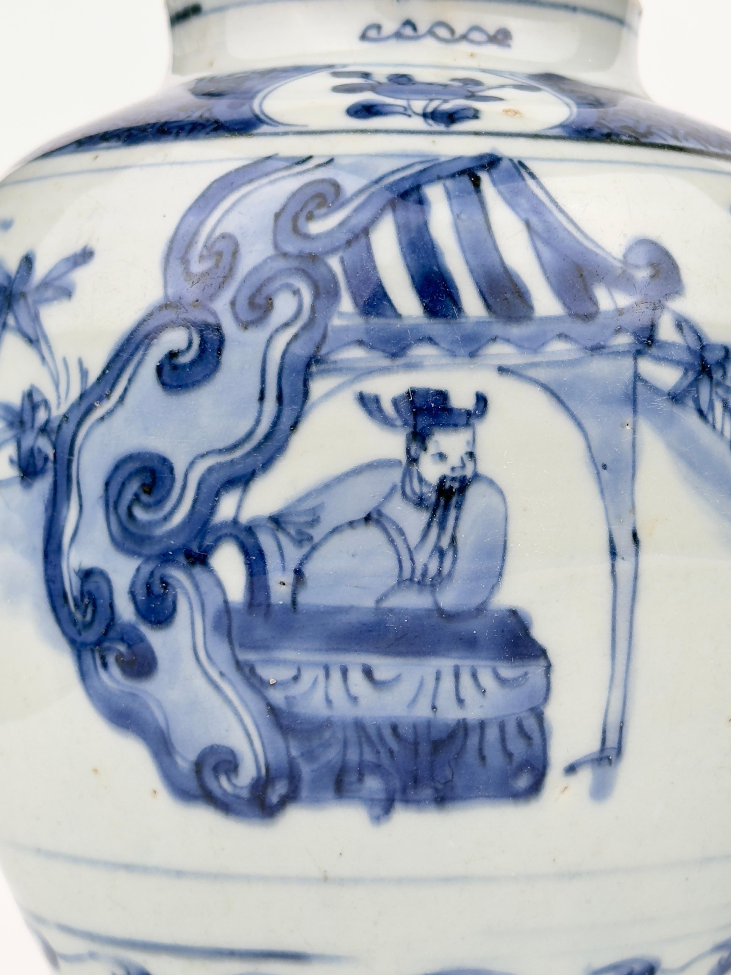 Two blue and white jars, officials in garden, Rabbit mark to base, Ming dynasty For Sale 1
