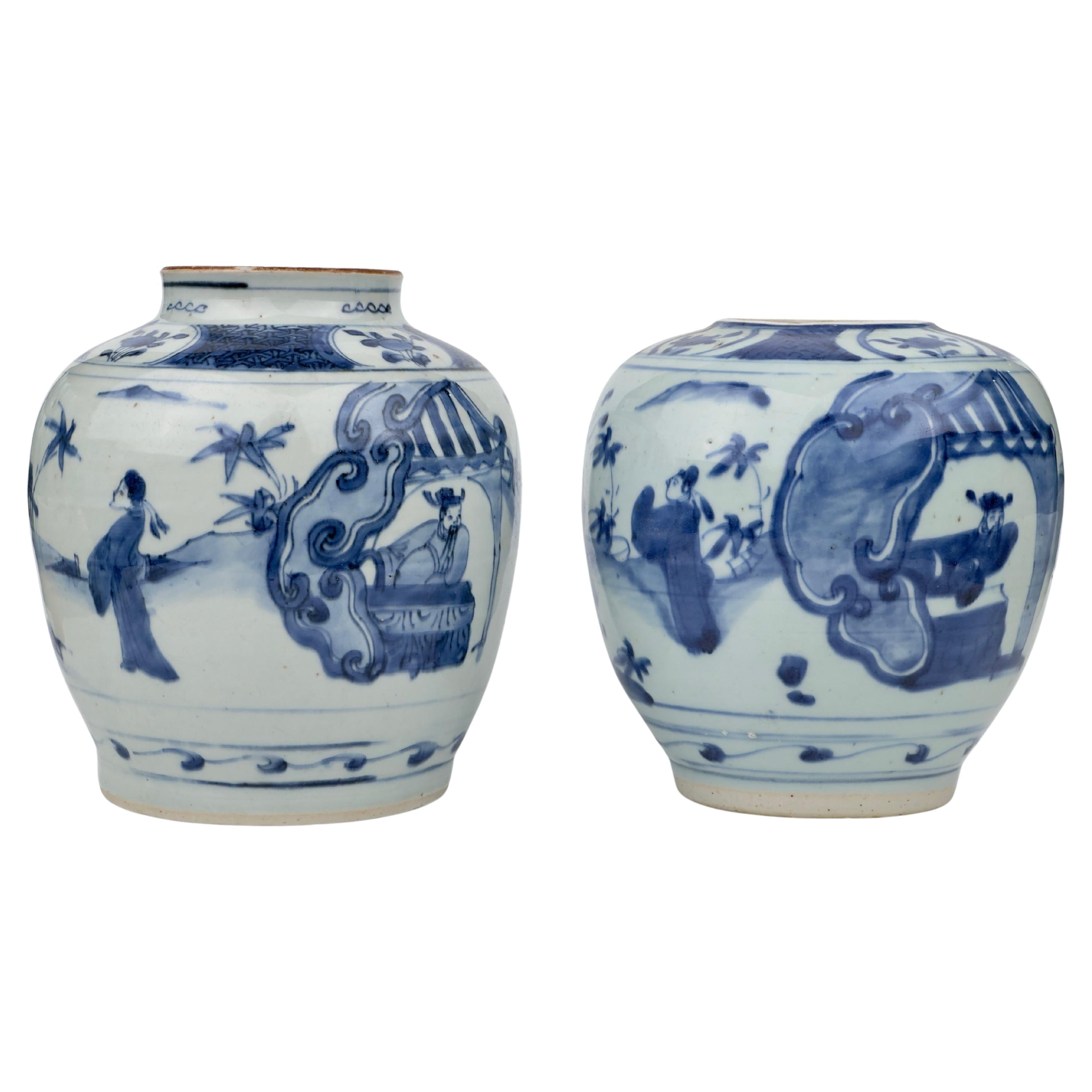 Two blue and white jars, officials in garden, Rabbit mark to base, Ming dynasty