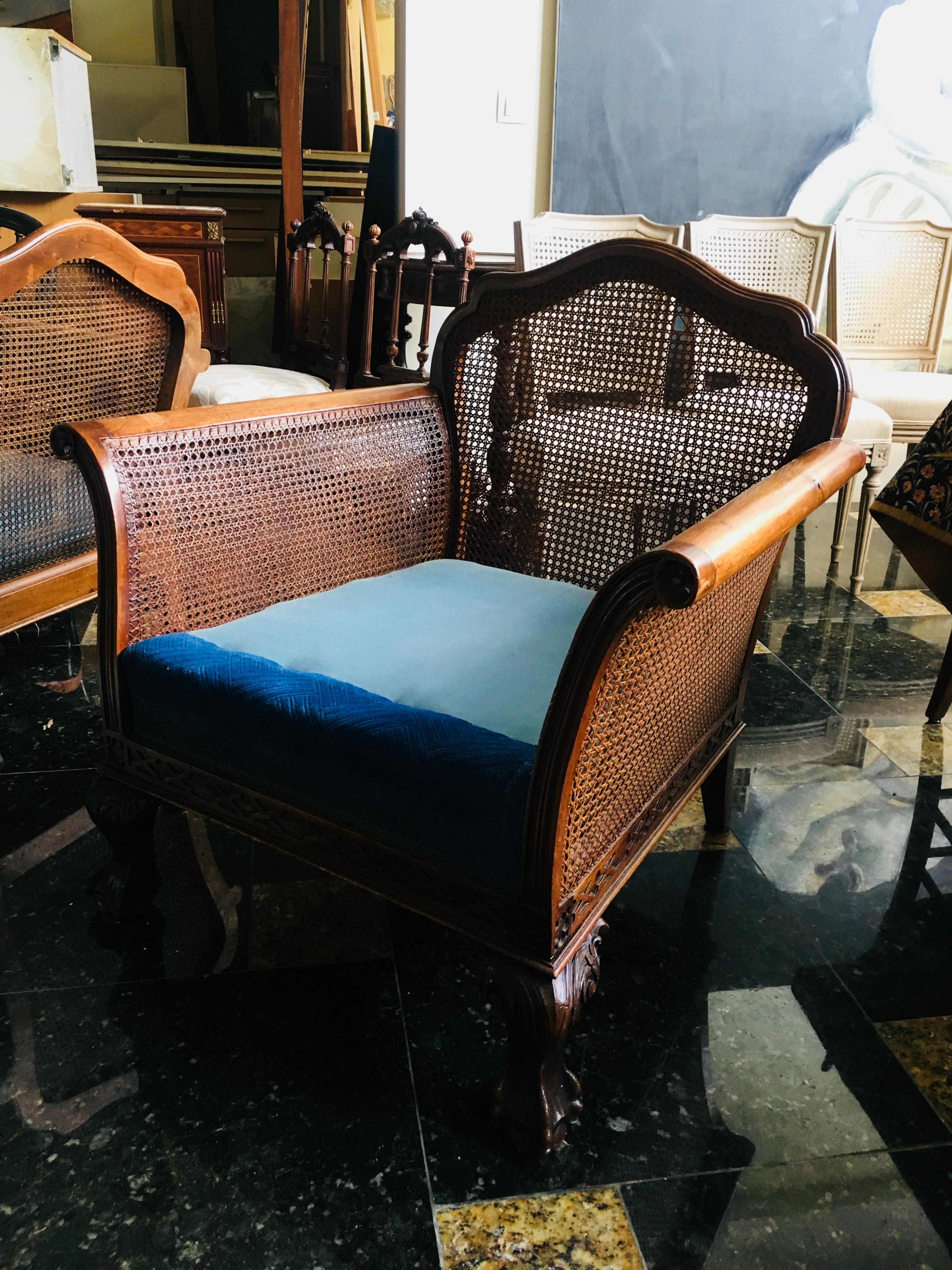 Two Blue Carved Neoclassical Wood Cane Armchairs In Good Condition In Sofia, BG