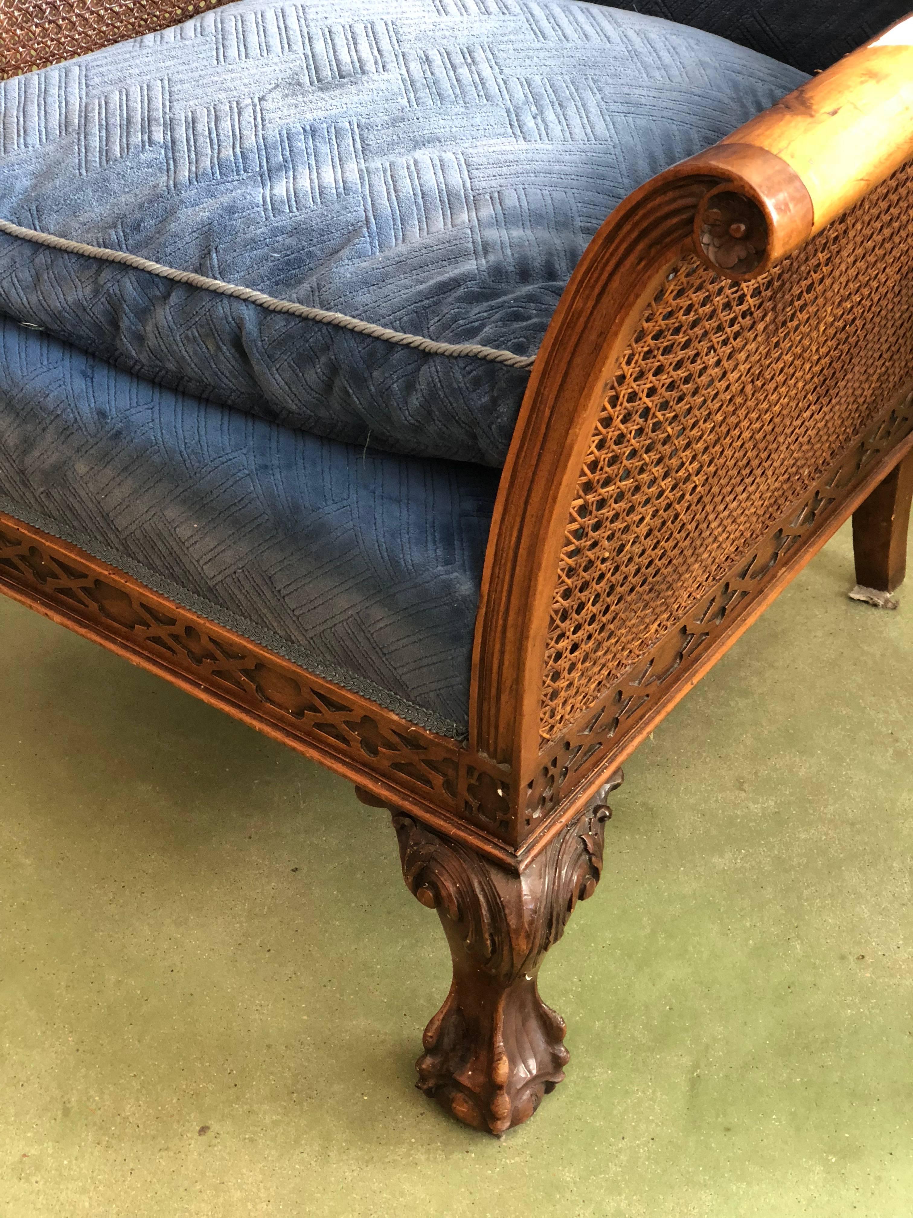 Italian Two Blue Carved Neoclassical Wood Cane Armchairs
