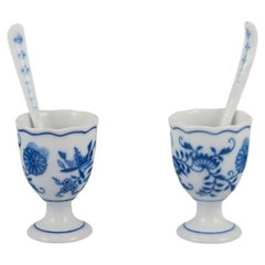 Antique Two Blue Onion egg cups with spoons. Approx. 1920s/30s