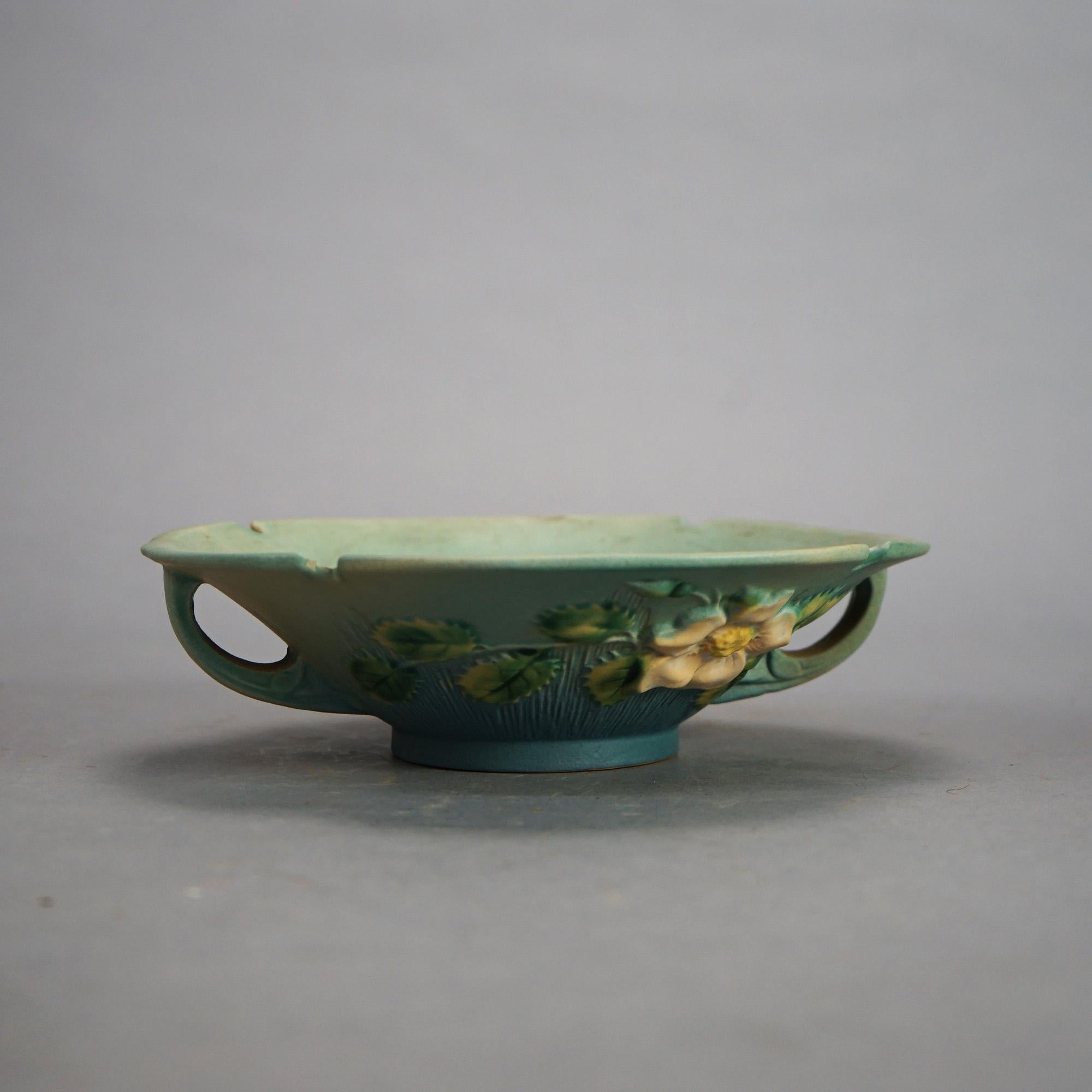 Arts and Crafts Two Blue Roseville Art Pottery Items with White Rose Pattern Mid 20thC