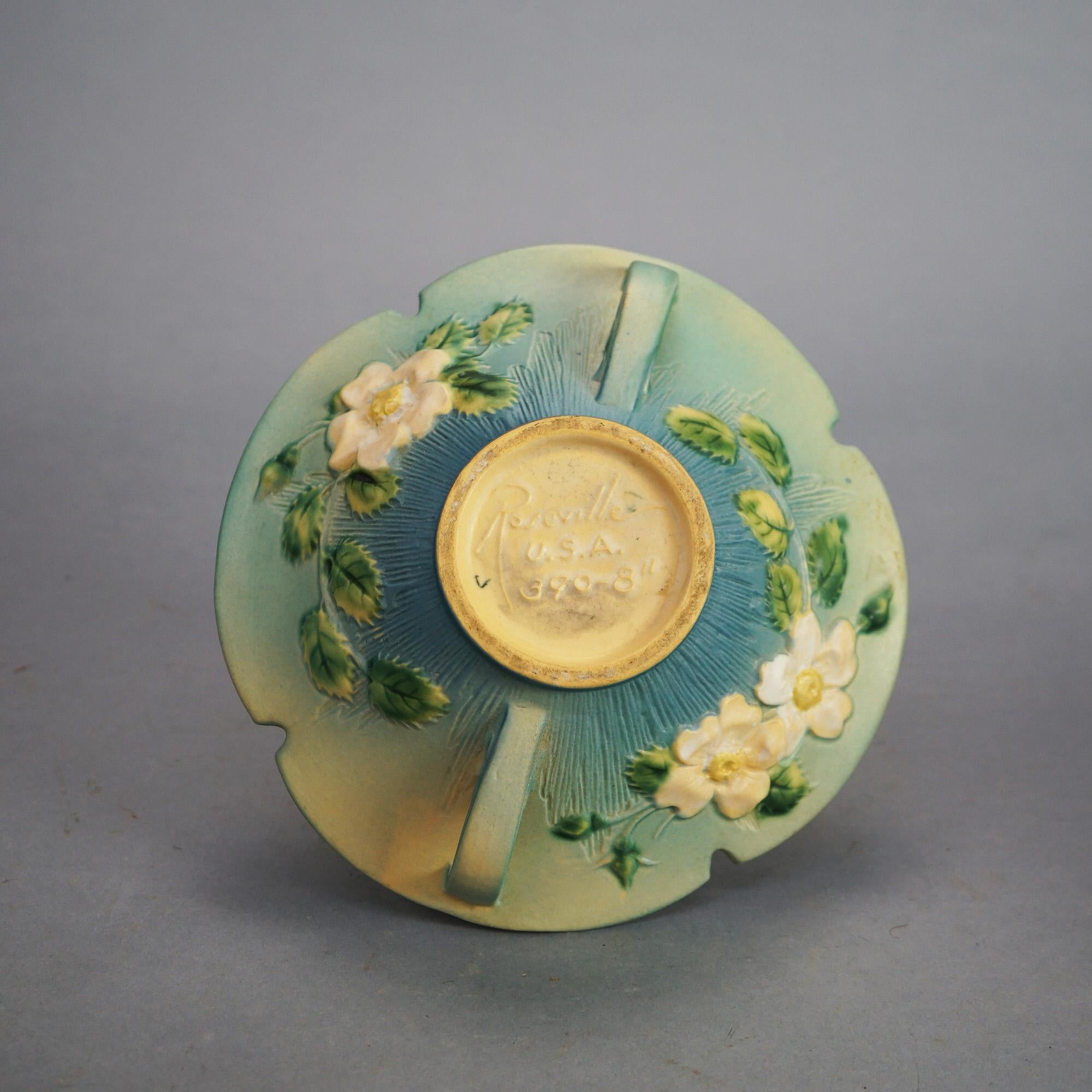 20th Century Two Blue Roseville Art Pottery Items with White Rose Pattern Mid 20thC