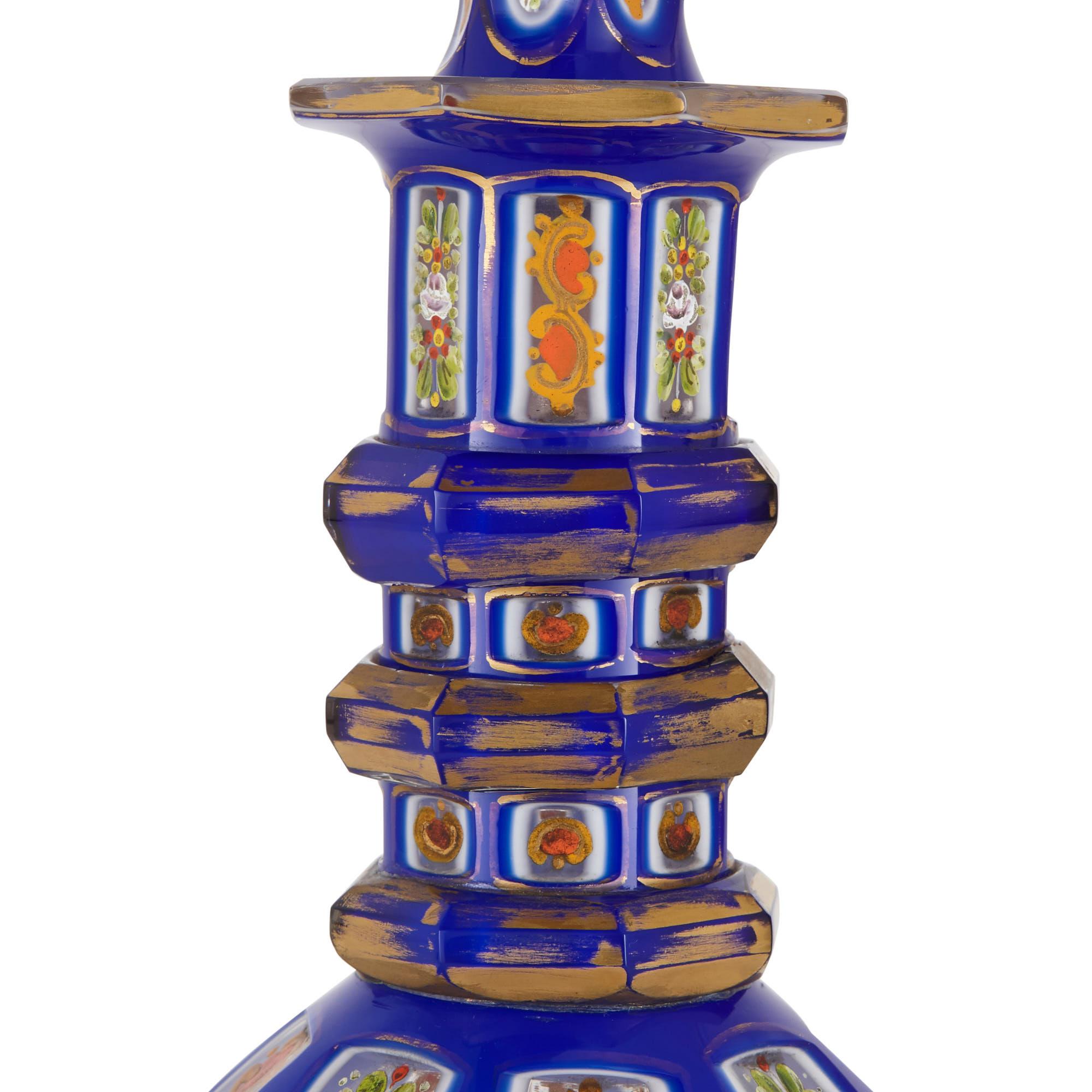 Gilt Two Bohemian Enamelled Blue Overlay Cut-Glass Decanters For Sale
