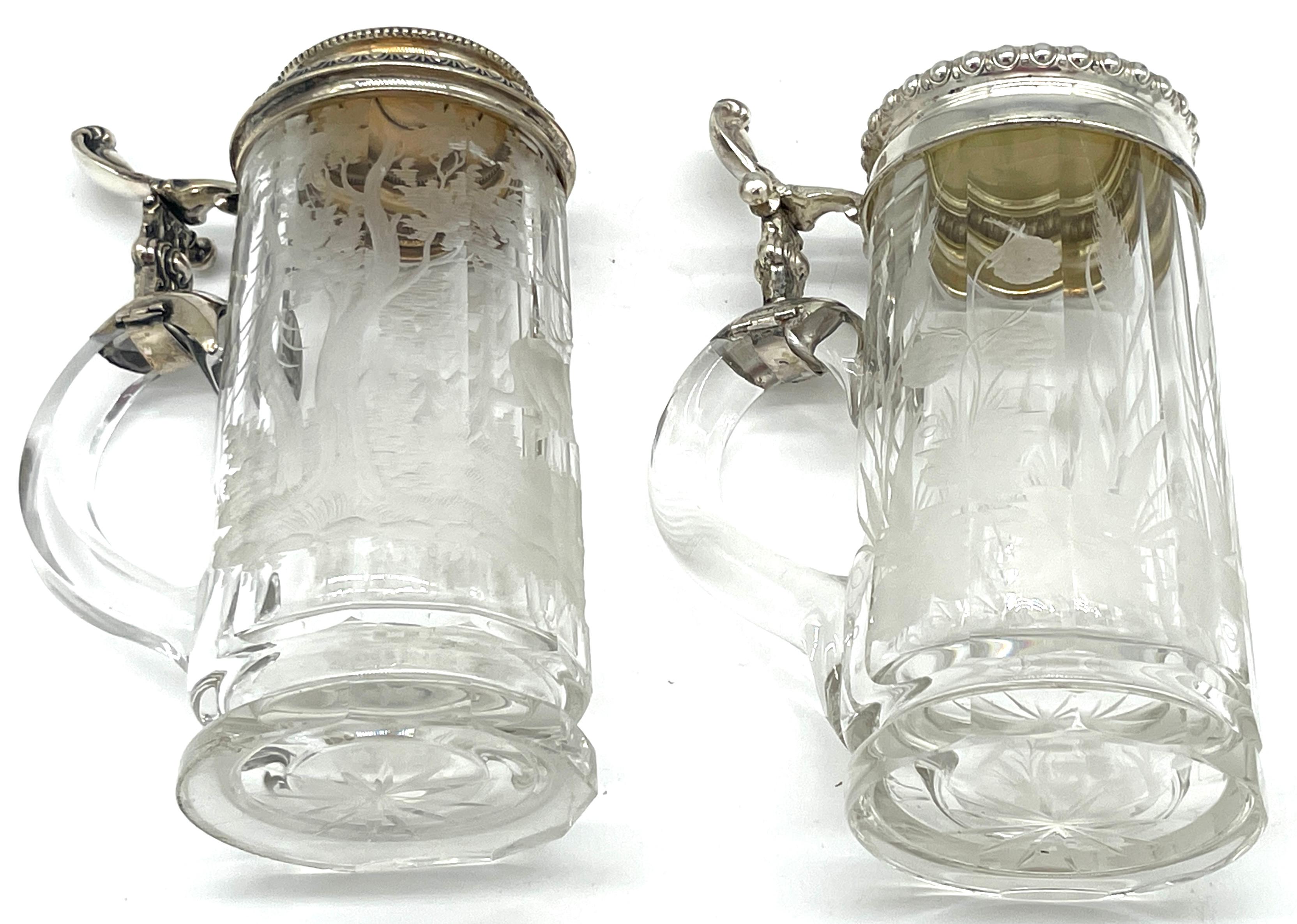 Two Bohemian Engraved Glass Stag & Clover Motif .800 Silver Mounted Steins For Sale 3