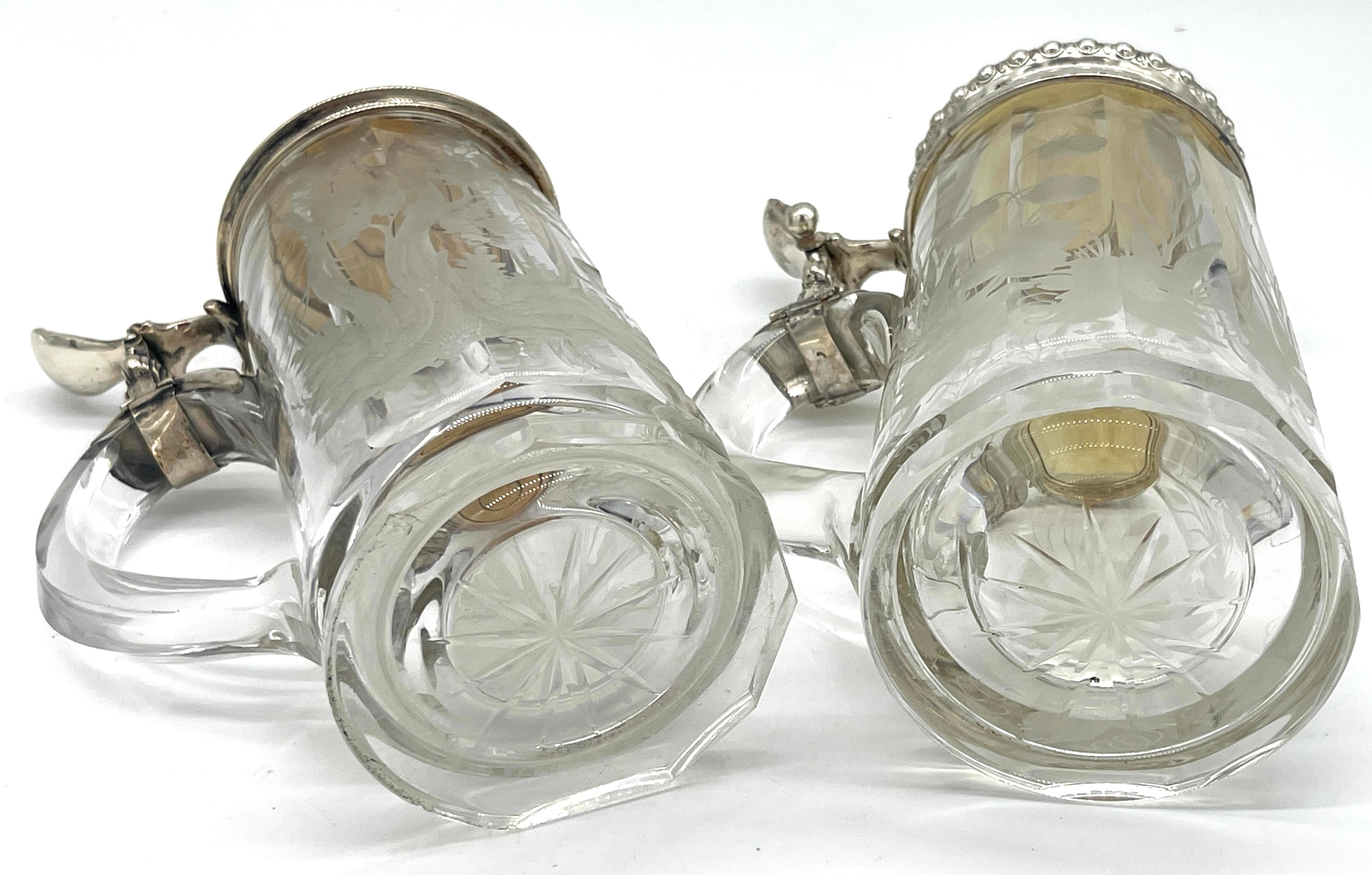 Two Bohemian Engraved Glass Stag & Clover Motif .800 Silver Mounted Steins For Sale 4
