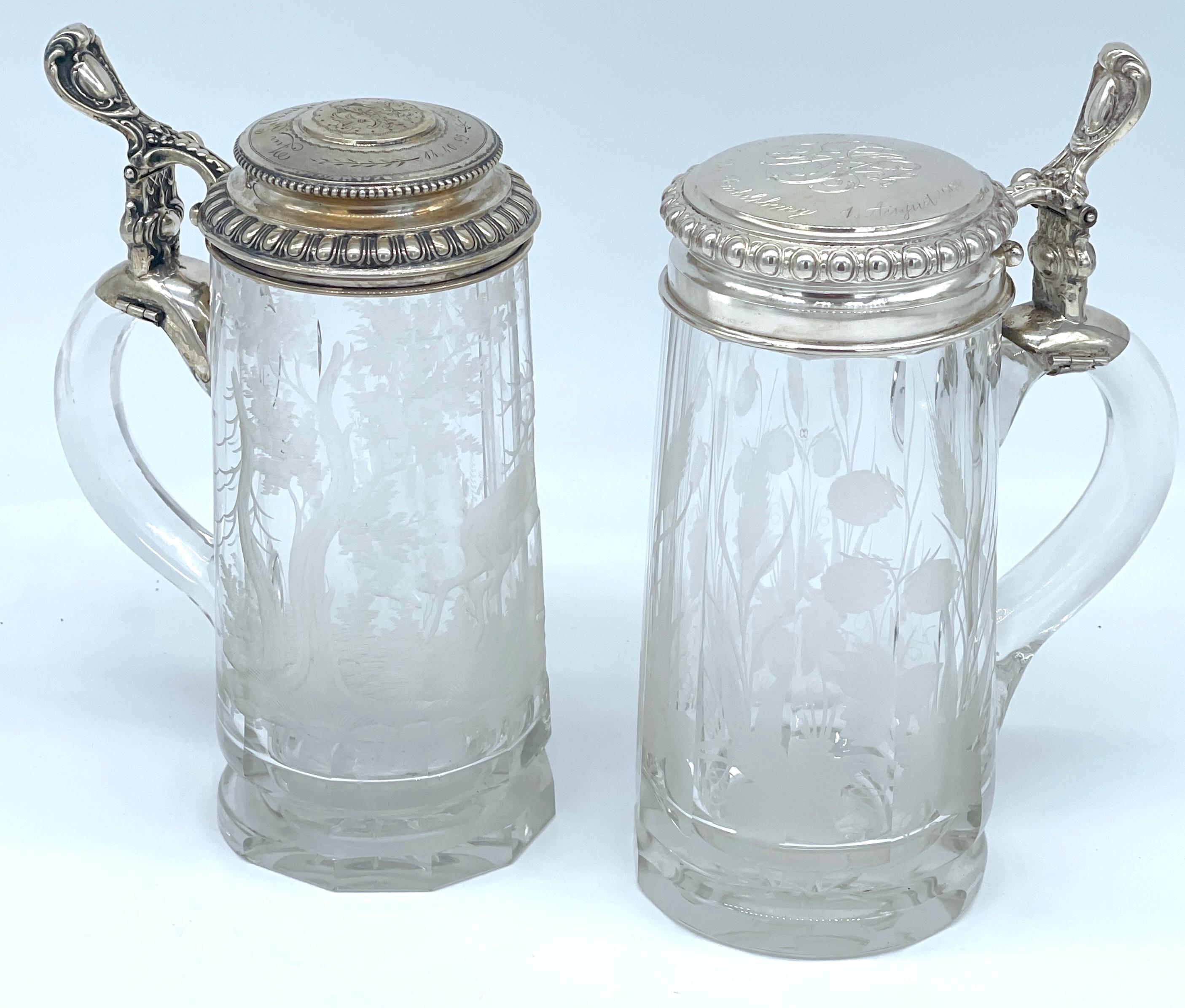 Two Bohemian Engraved Glass Stag & Clover Motif .800 Silver Mounted Steins For Sale 5