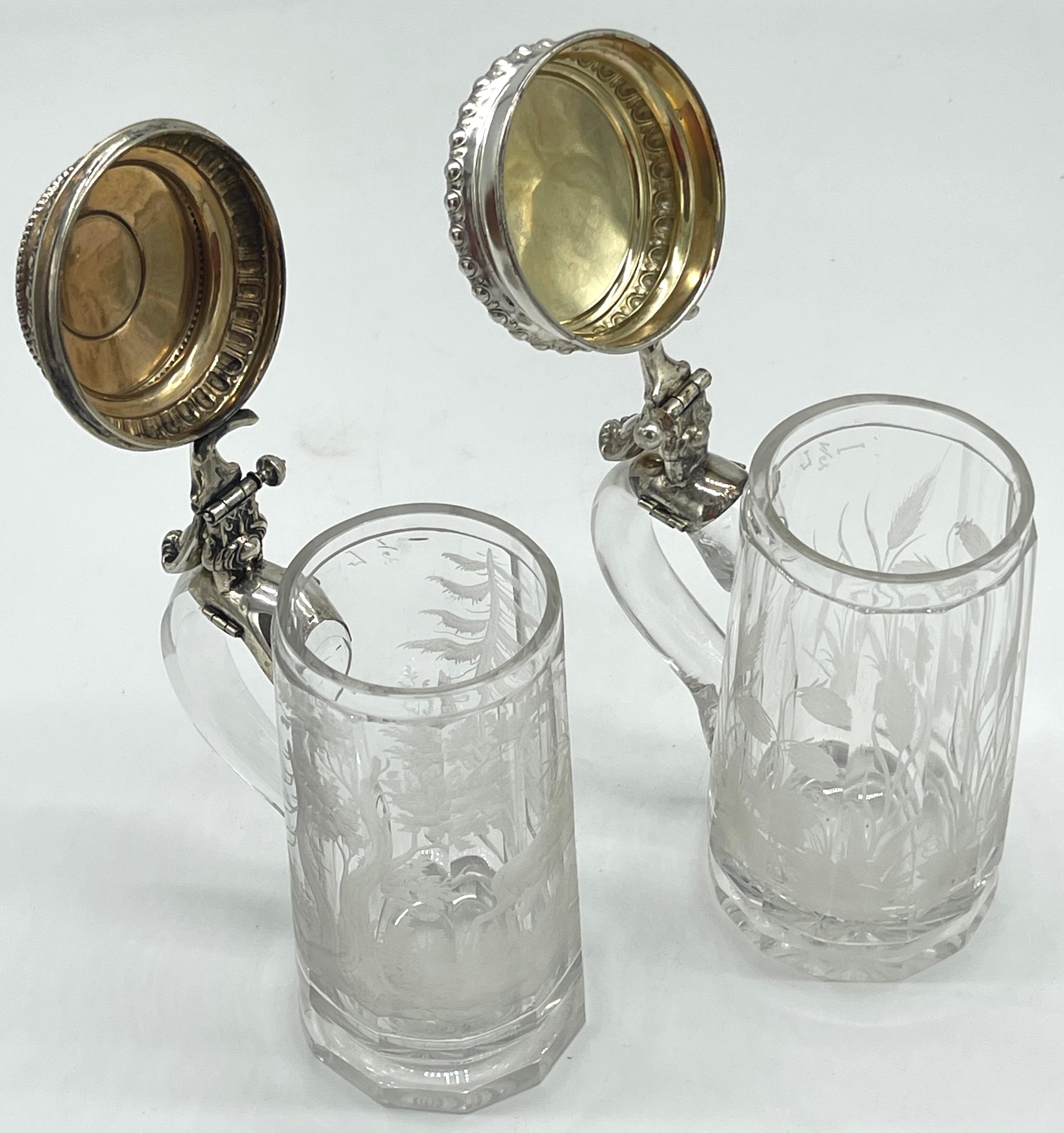High Victorian Two Bohemian Engraved Glass Stag & Clover Motif .800 Silver Mounted Steins For Sale