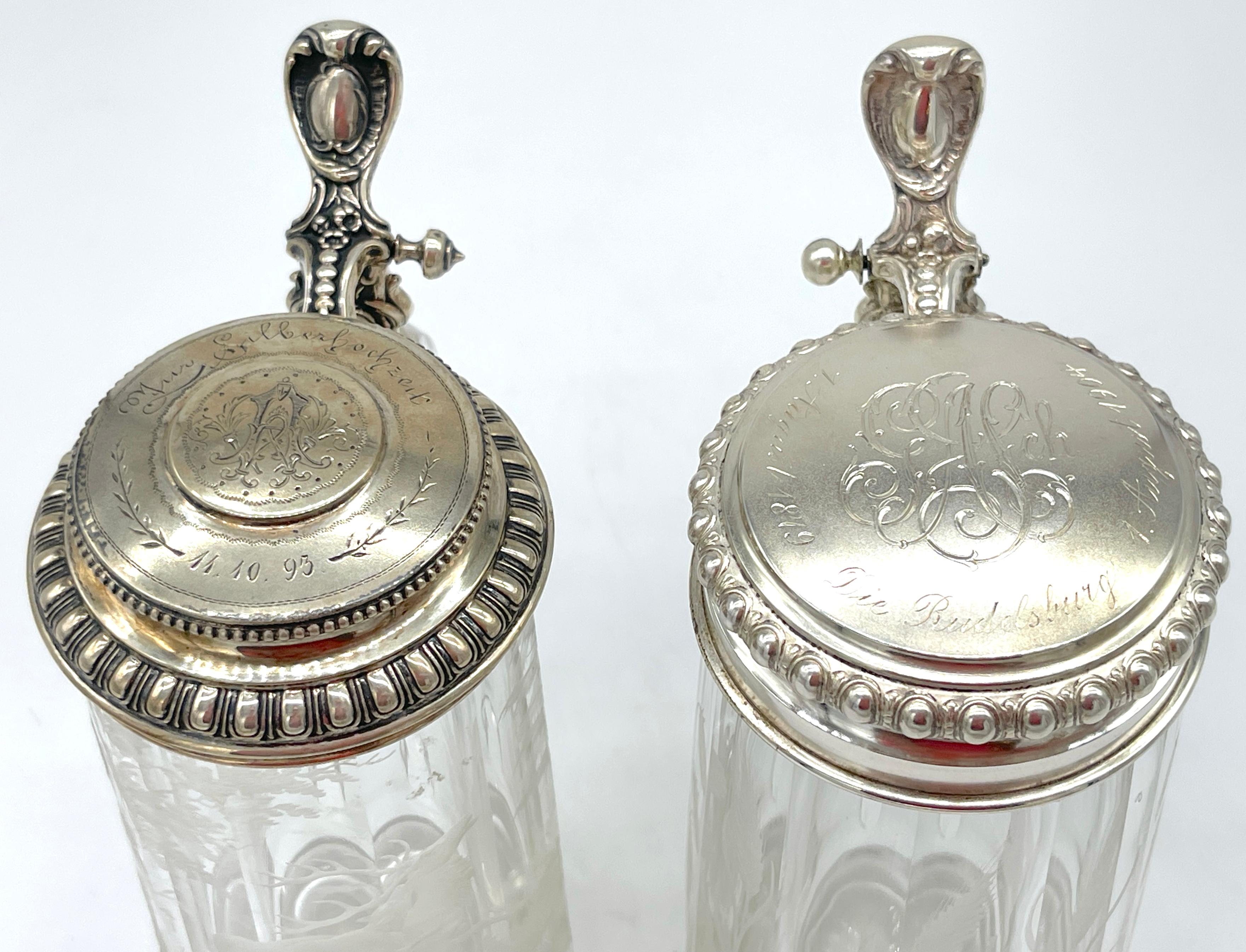 German Two Bohemian Engraved Glass Stag & Clover Motif .800 Silver Mounted Steins For Sale