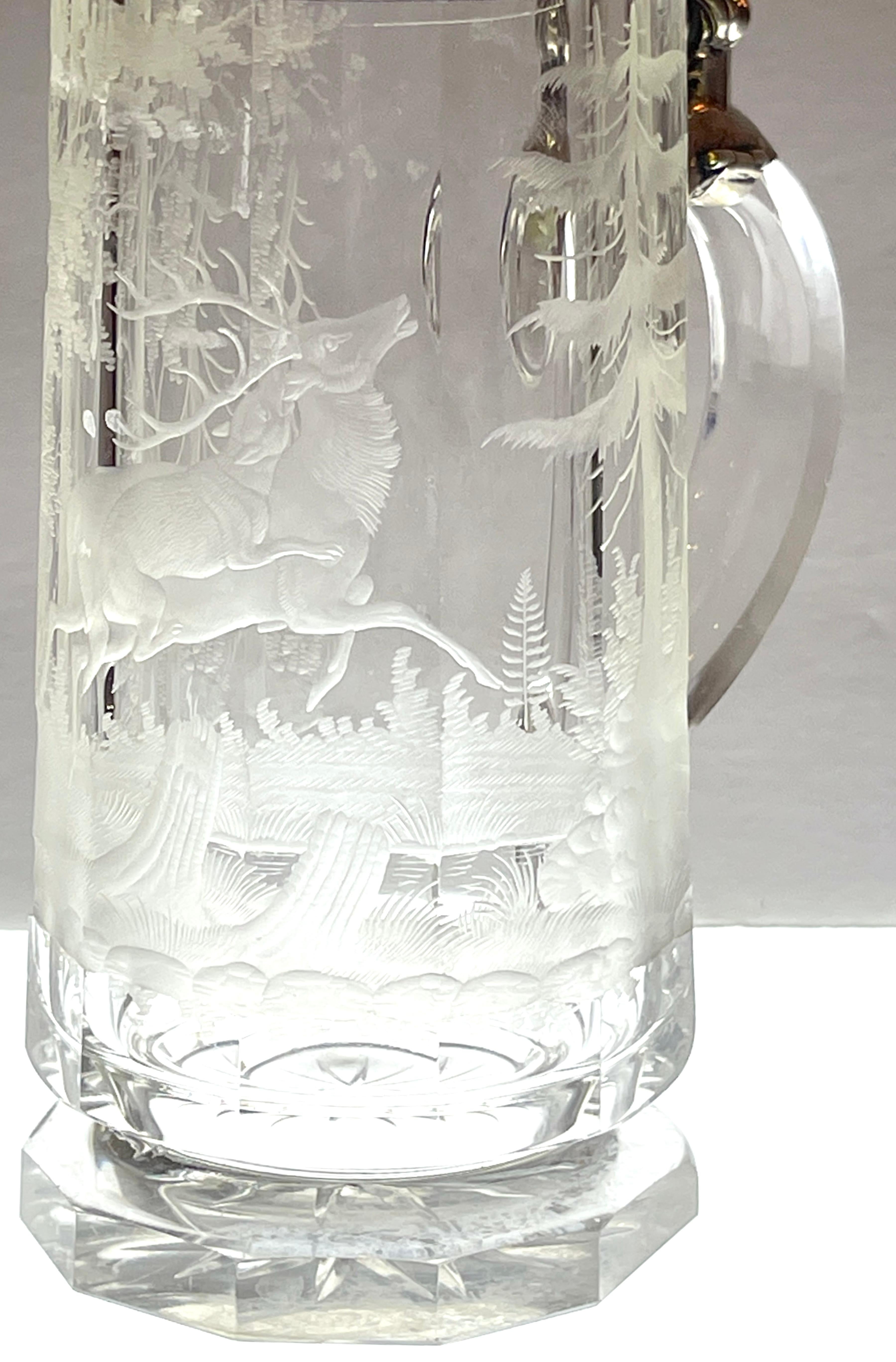 Two Bohemian Engraved Glass Stag & Clover Motif .800 Silver Mounted Steins In Good Condition For Sale In West Palm Beach, FL