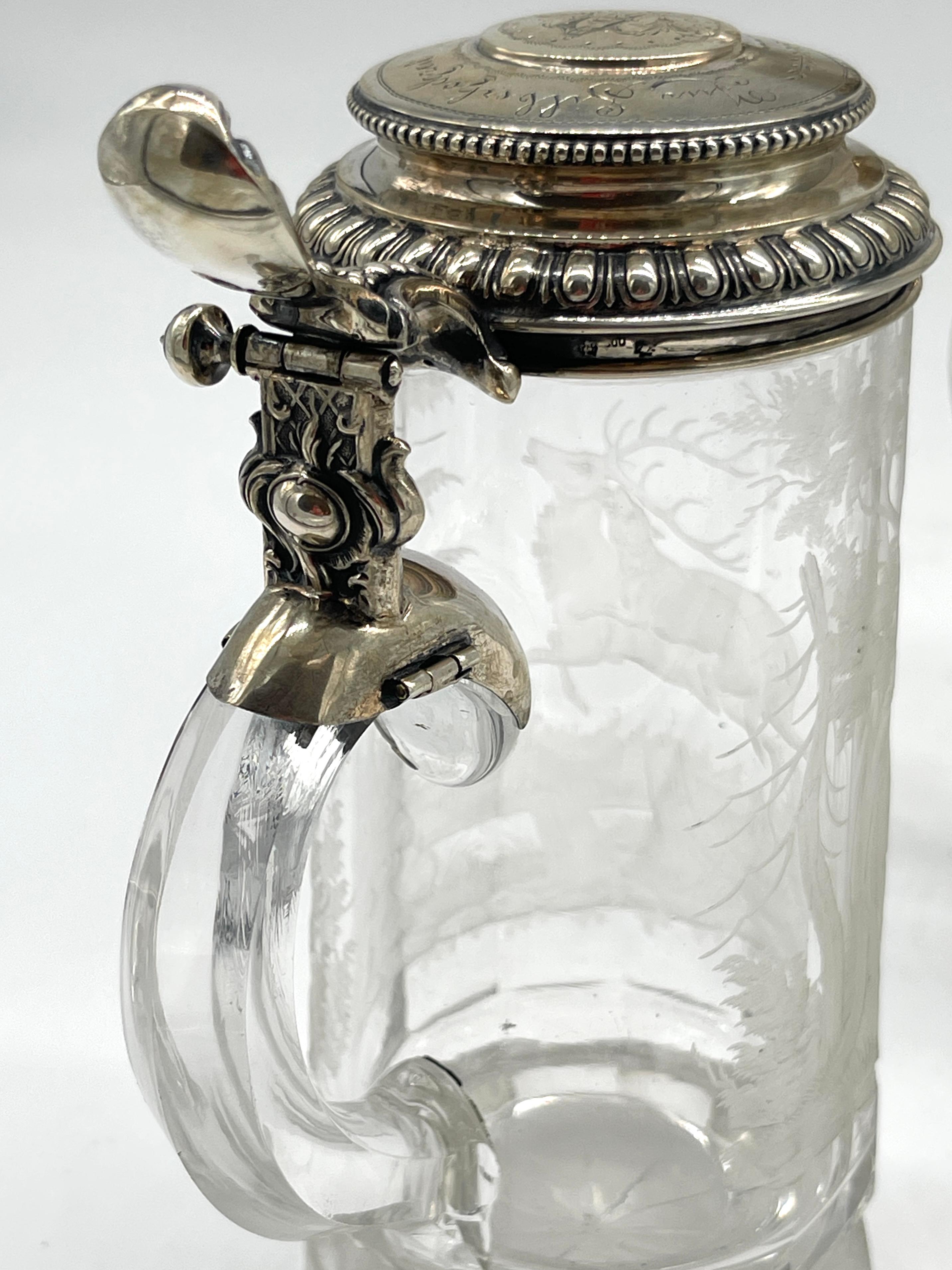 19th Century Two Bohemian Engraved Glass Stag & Clover Motif .800 Silver Mounted Steins For Sale