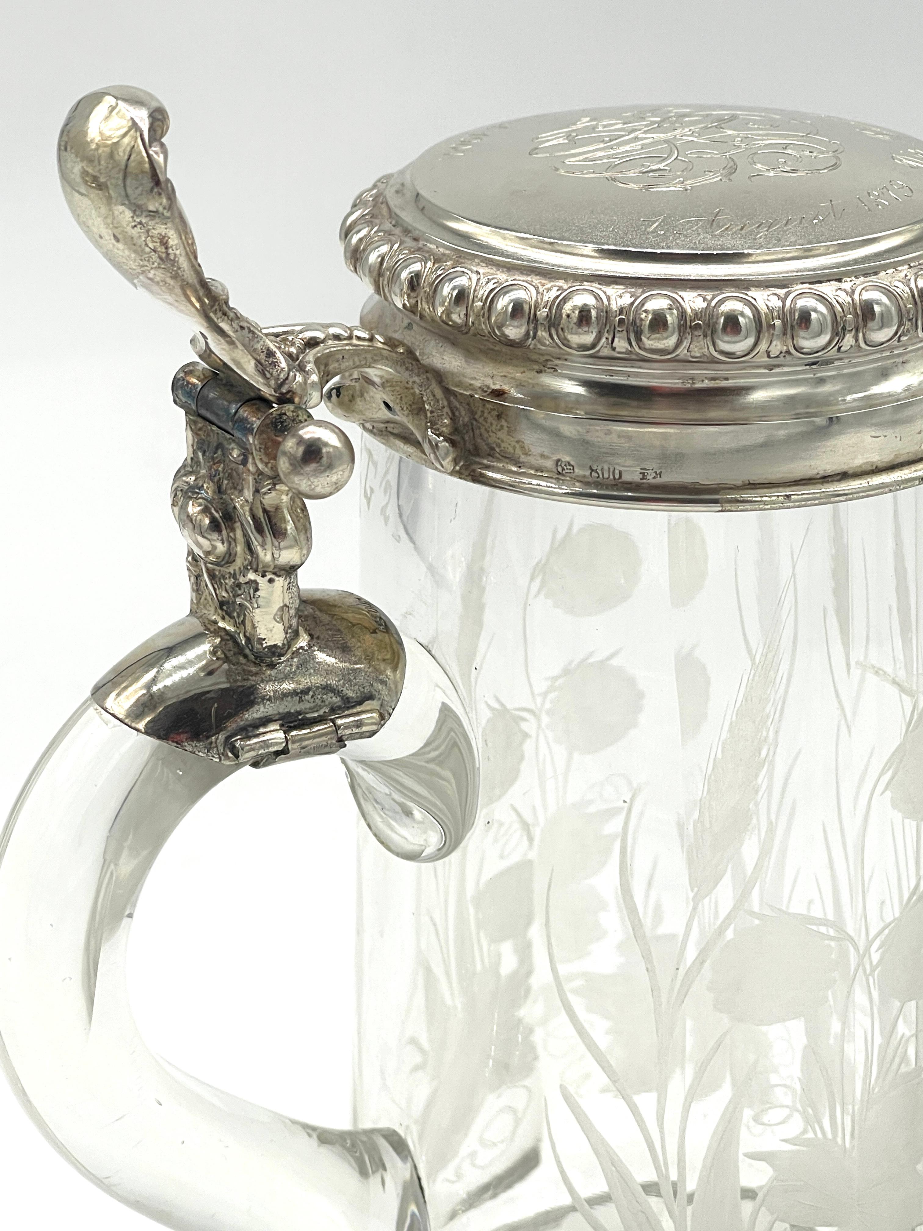 Two Bohemian Engraved Glass Stag & Clover Motif .800 Silver Mounted Steins For Sale 1