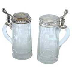 Antique Two Bohemian Engraved Glass Stag & Clover Motif .800 Silver Mounted Steins