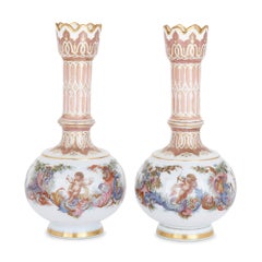 Two Bohemian Opaline Glass Vases with Painted Cherub Scenes
