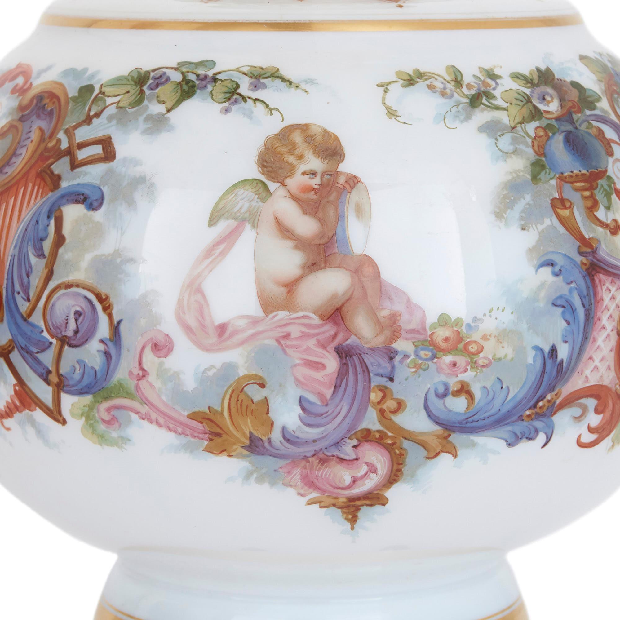Czech Two Bohemian Opaline Glass Vases with Painted Cherub Scenes For Sale