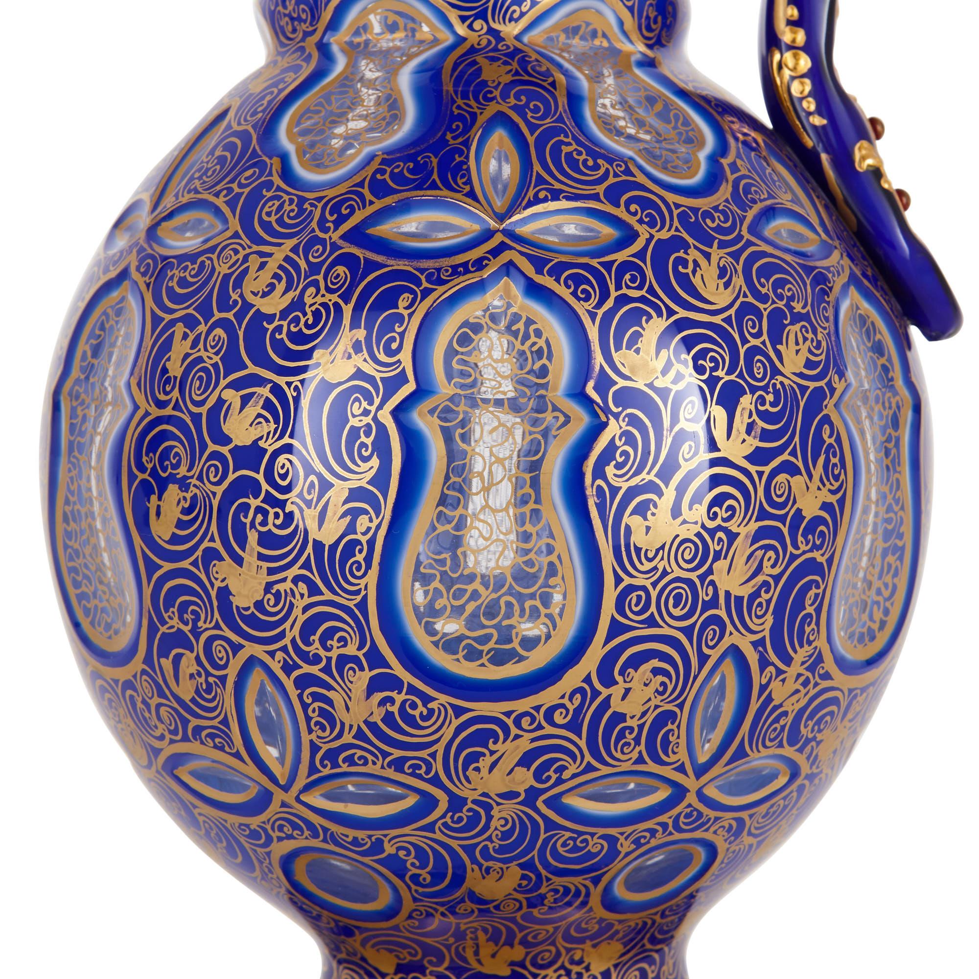 Czech Two Bohemian Persian Style Jeweled and Gilt Blue Glass Jugs