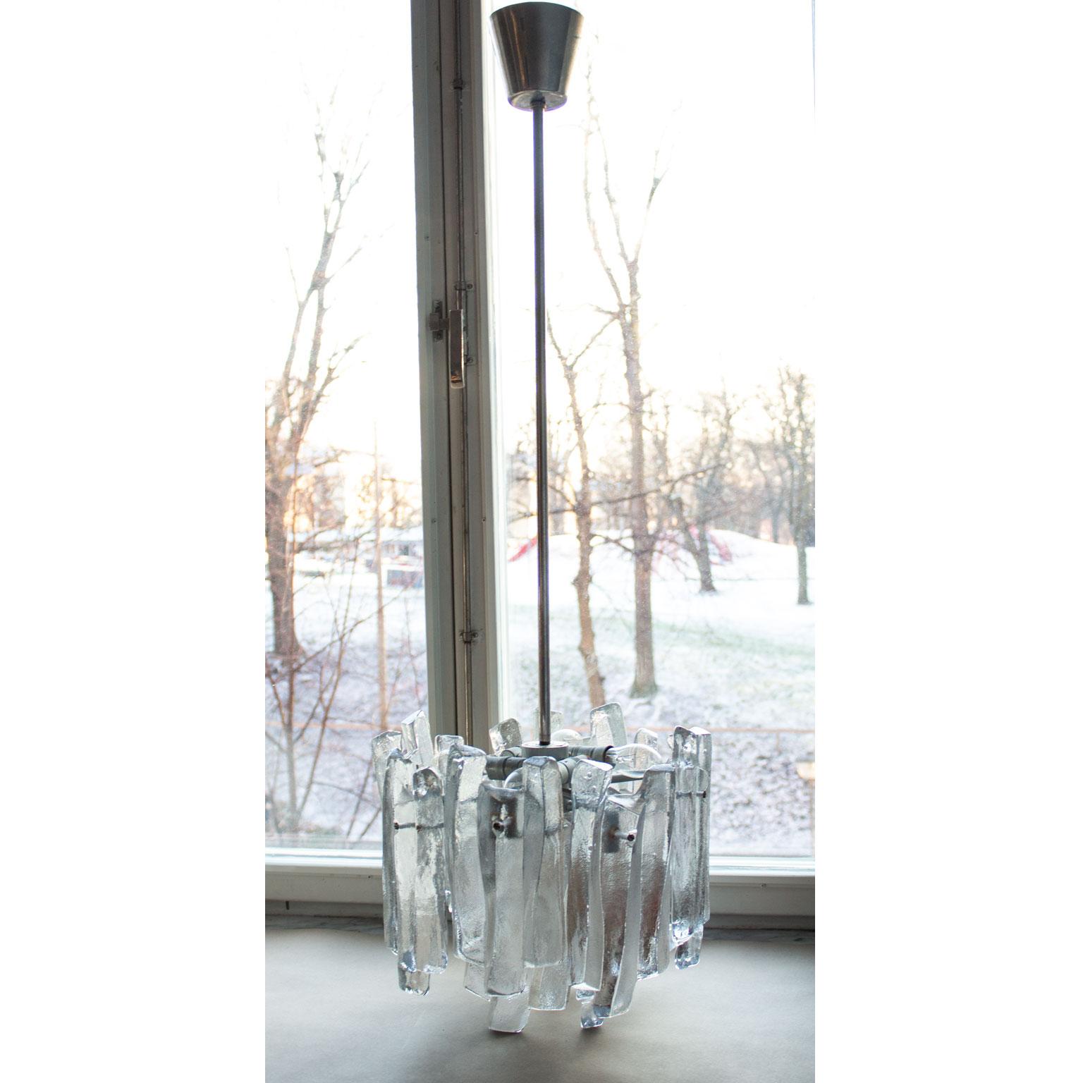 Mid-Century Modern Two Brutalist Kalmar KG Matte Ice Block Glass Chandelier Model Fuente