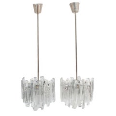 Two Brutalist Kalmar KG Matte Ice Block Glass Chandelier Model Fuente