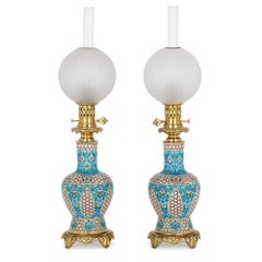 Two Bordeaux Faience and Gilt Bronze Oil Lamps, Attributed to Vieillard & Cie